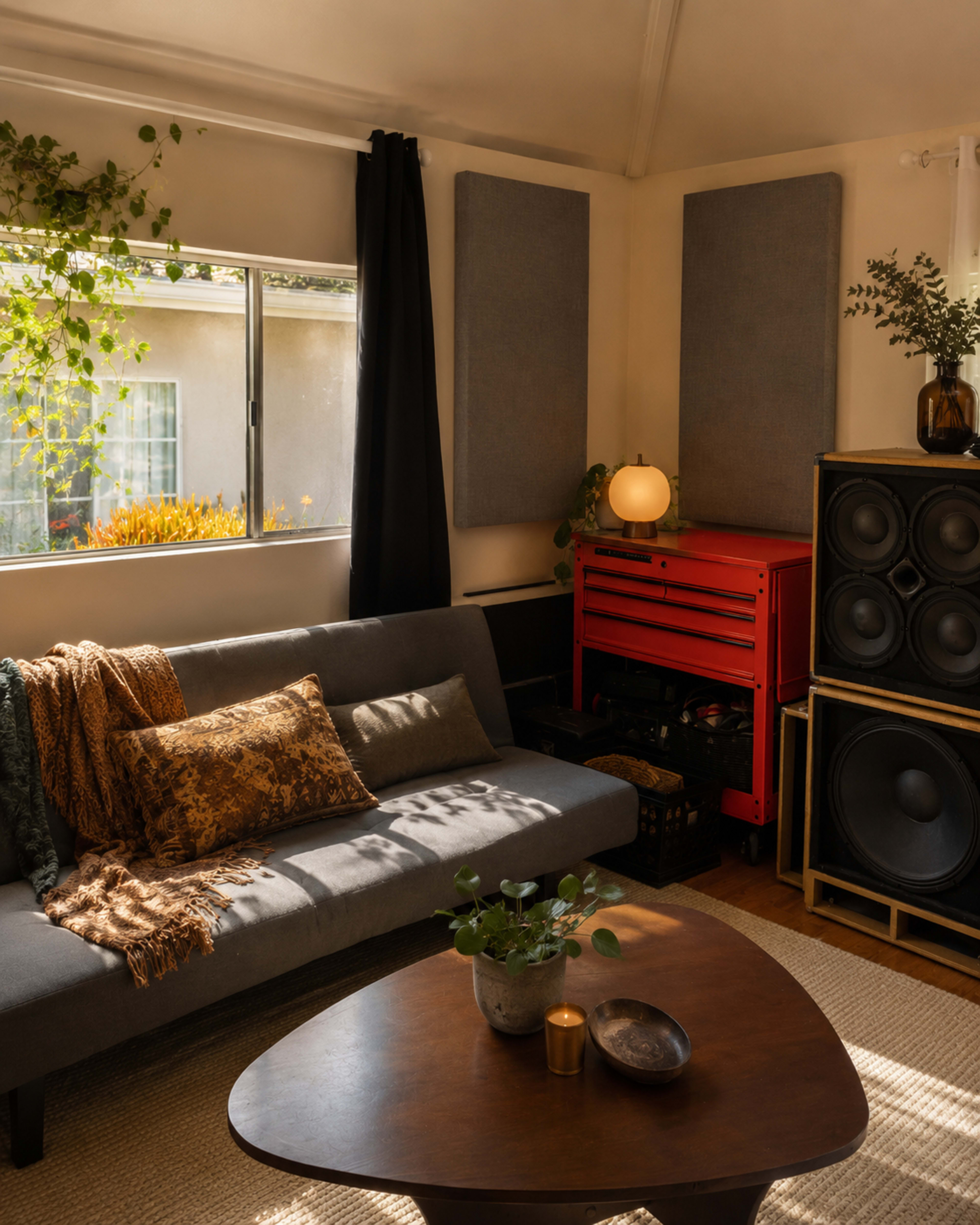 The image shows a cozy living room with a gray sofa, large speakers, and a coffee table, complemented by plants and warm lighting.