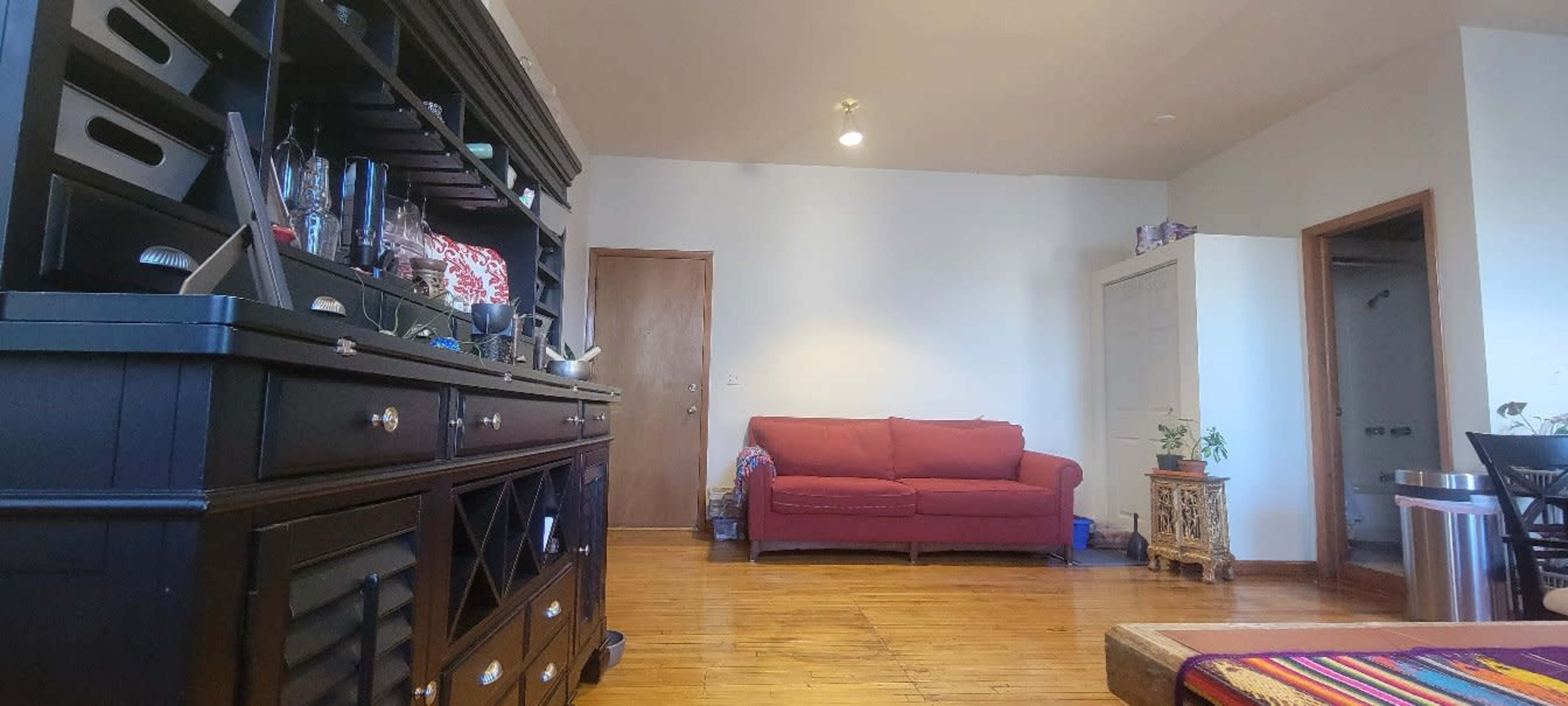 A living room with a red sofa, a wooden floor, and a large black shelving unit on the left.