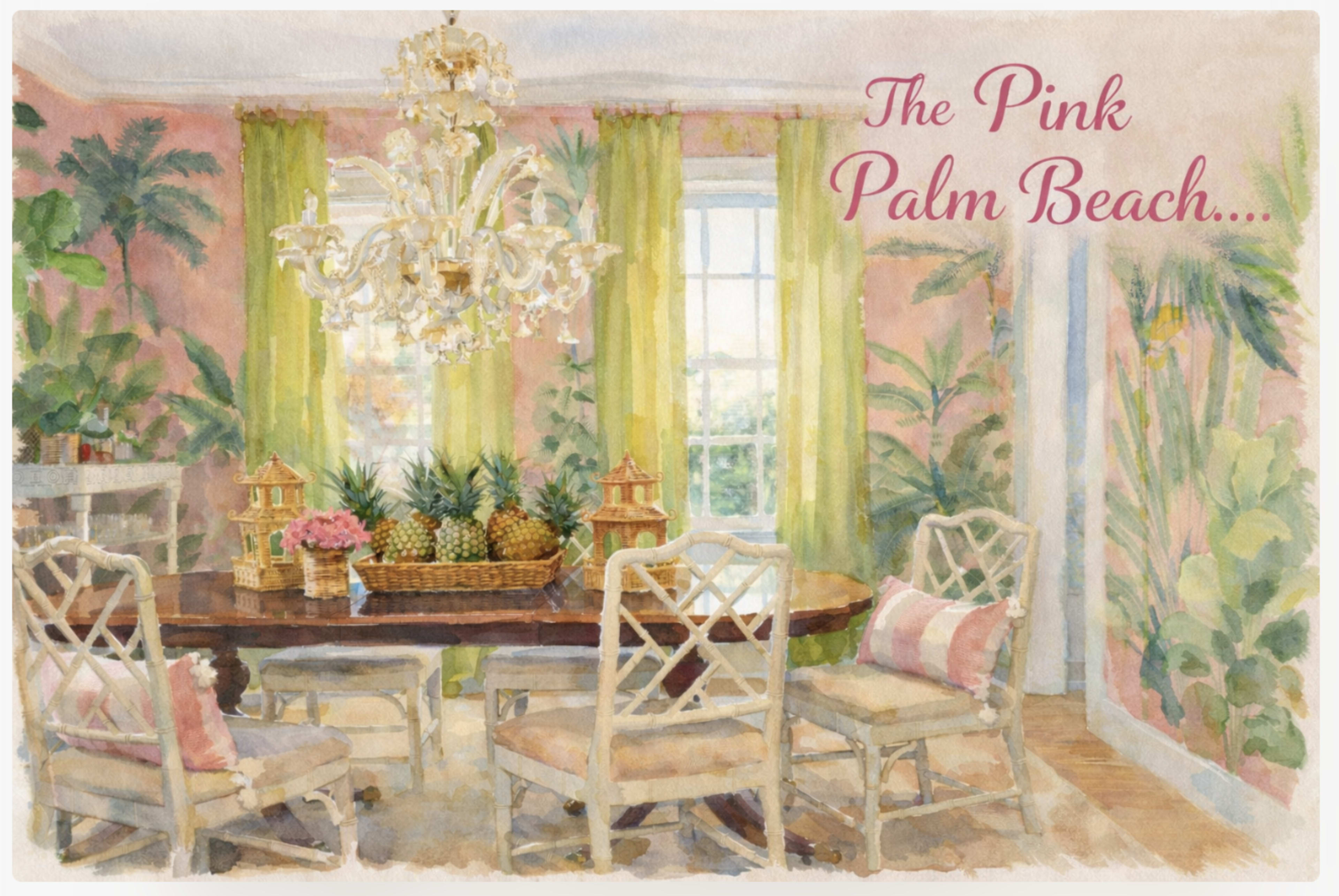 The image depicts a dining area with a large wooden table surrounded by light-colored chairs, adorned with tropical-themed decor and window treatments.