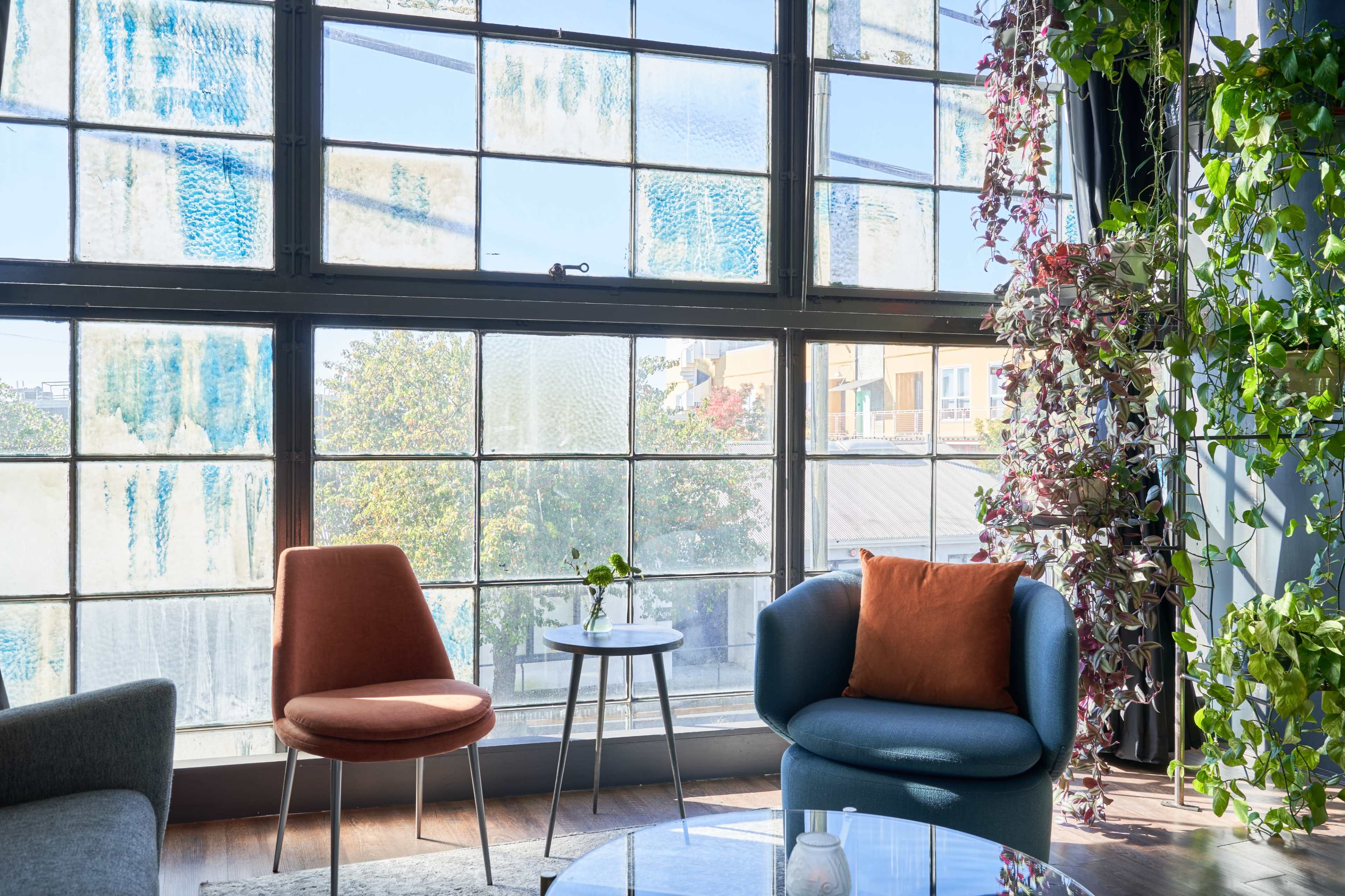 A modern lounge area with a large window featuring glass panes and greenery, illuminated by natural light.