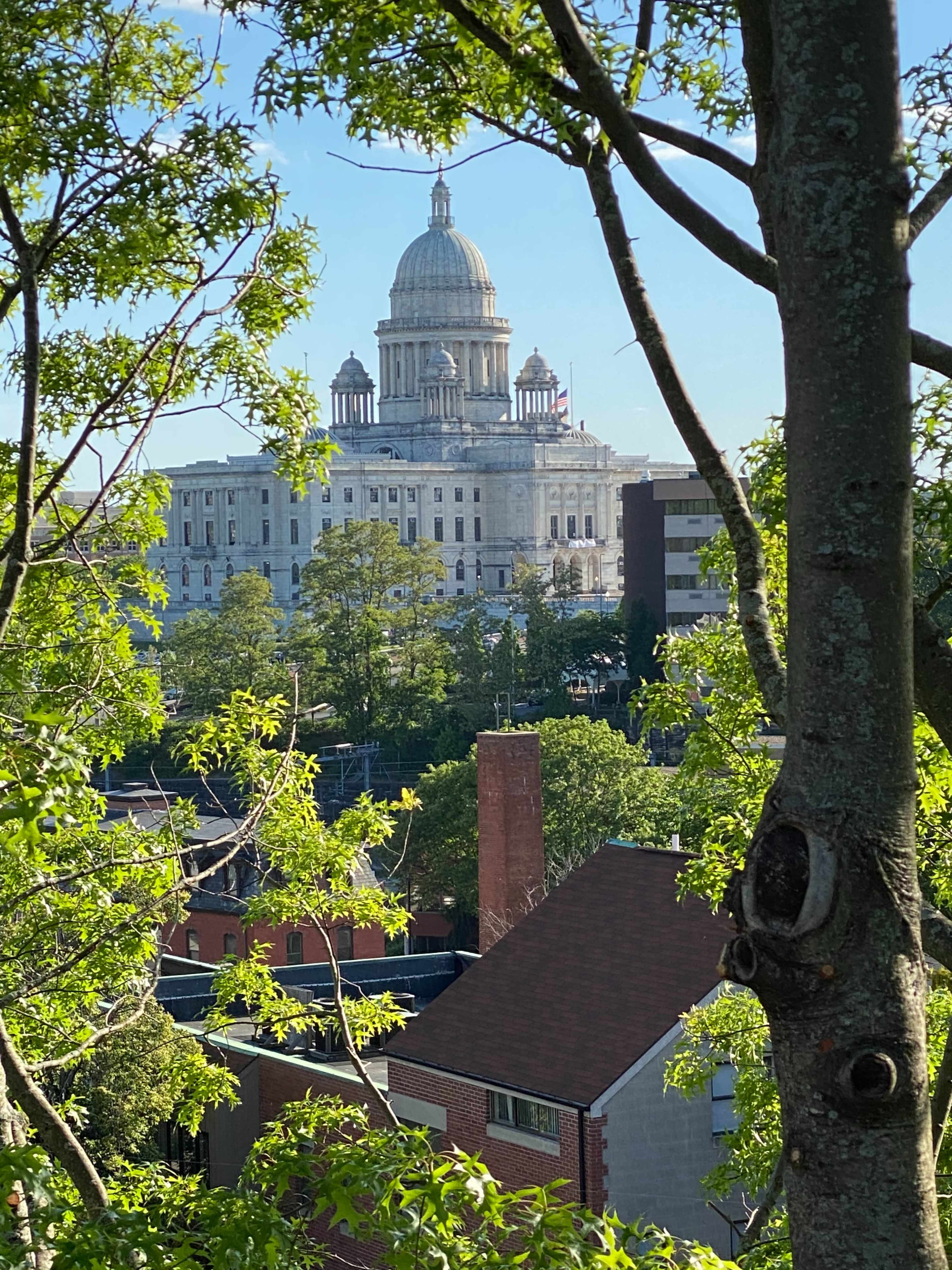 The Rhode Island State House is visible in the background, framed by tree branches and rooftops in the foreground.