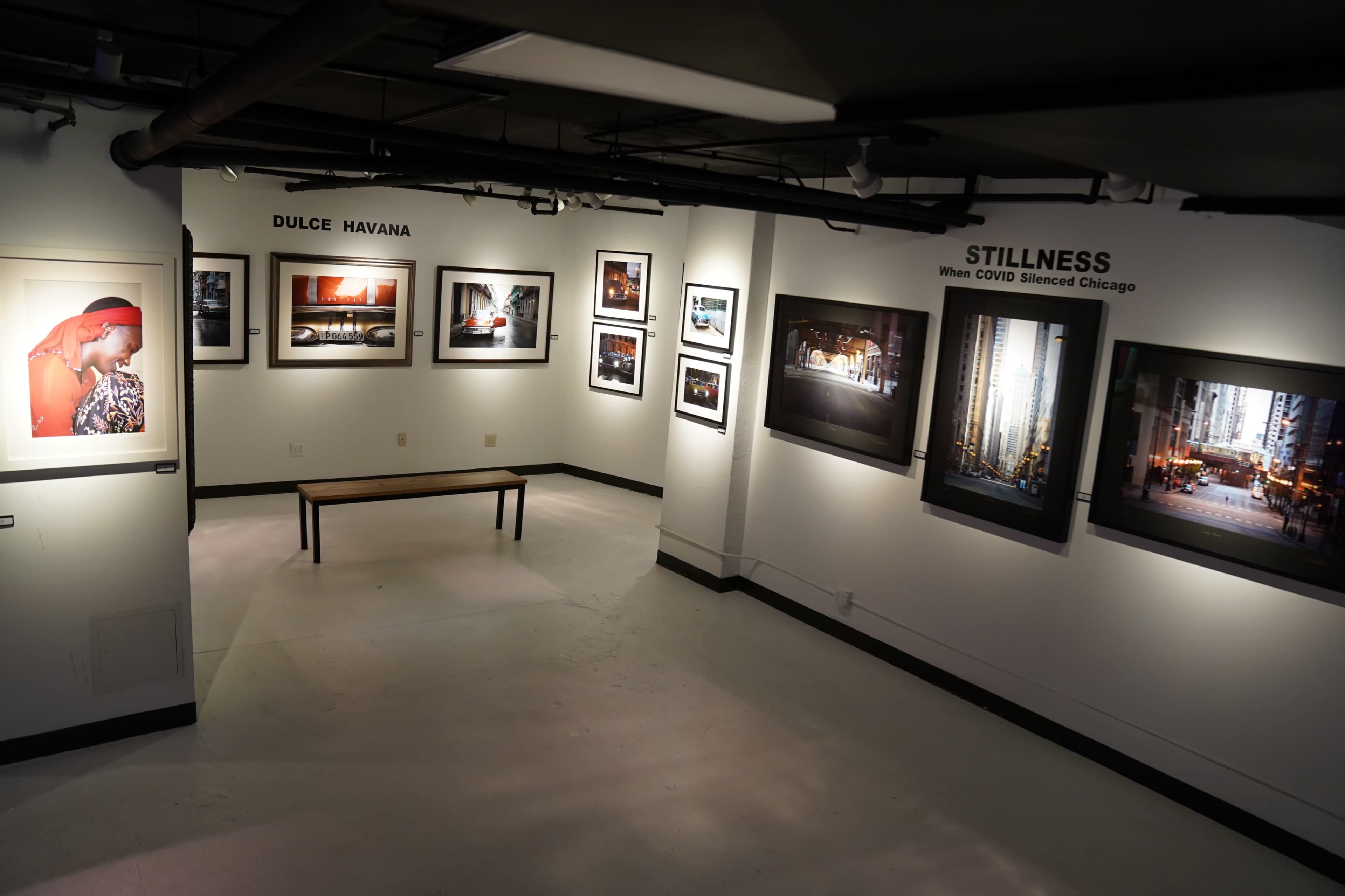 An art gallery featuring a collection of framed photographs on the walls, with a bench positioned in the center.