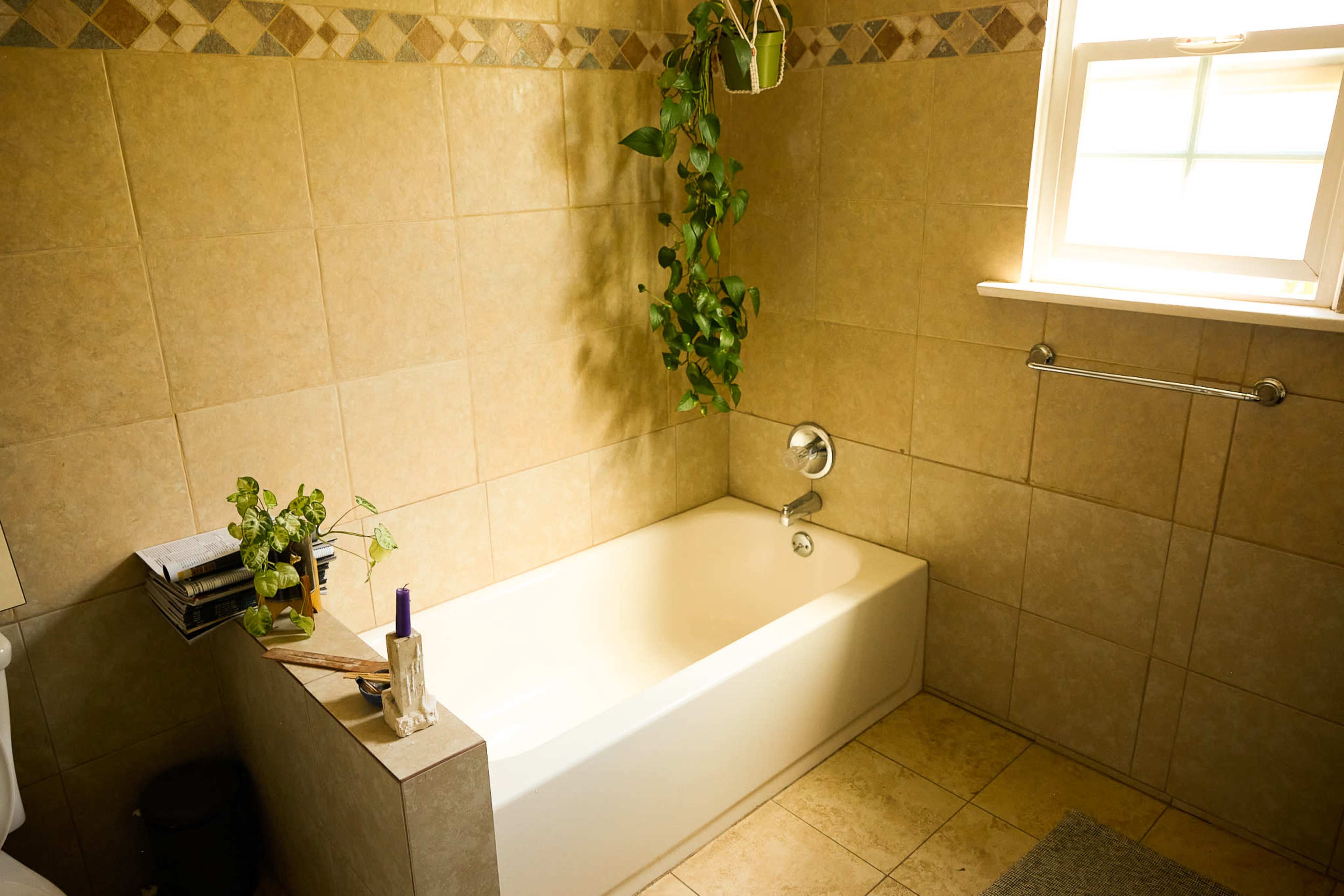 The image shows a bathroom featuring a white bathtub, a plant hanging from the wall, and tiles with a geometric pattern.