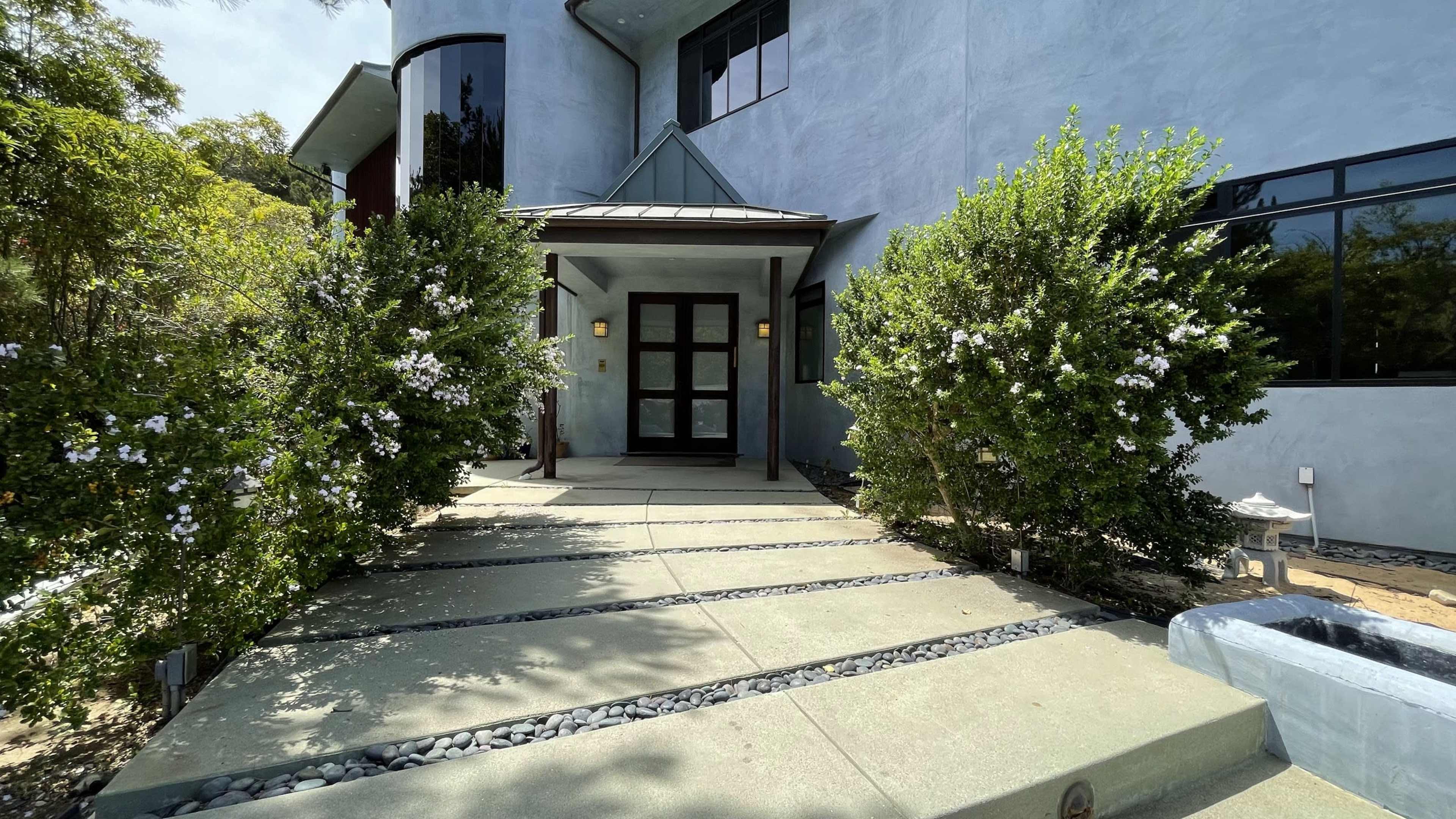 A modern house entrance with a rectangular pathway lined by bushes and small stones, leading to a double door under a slanted roof.