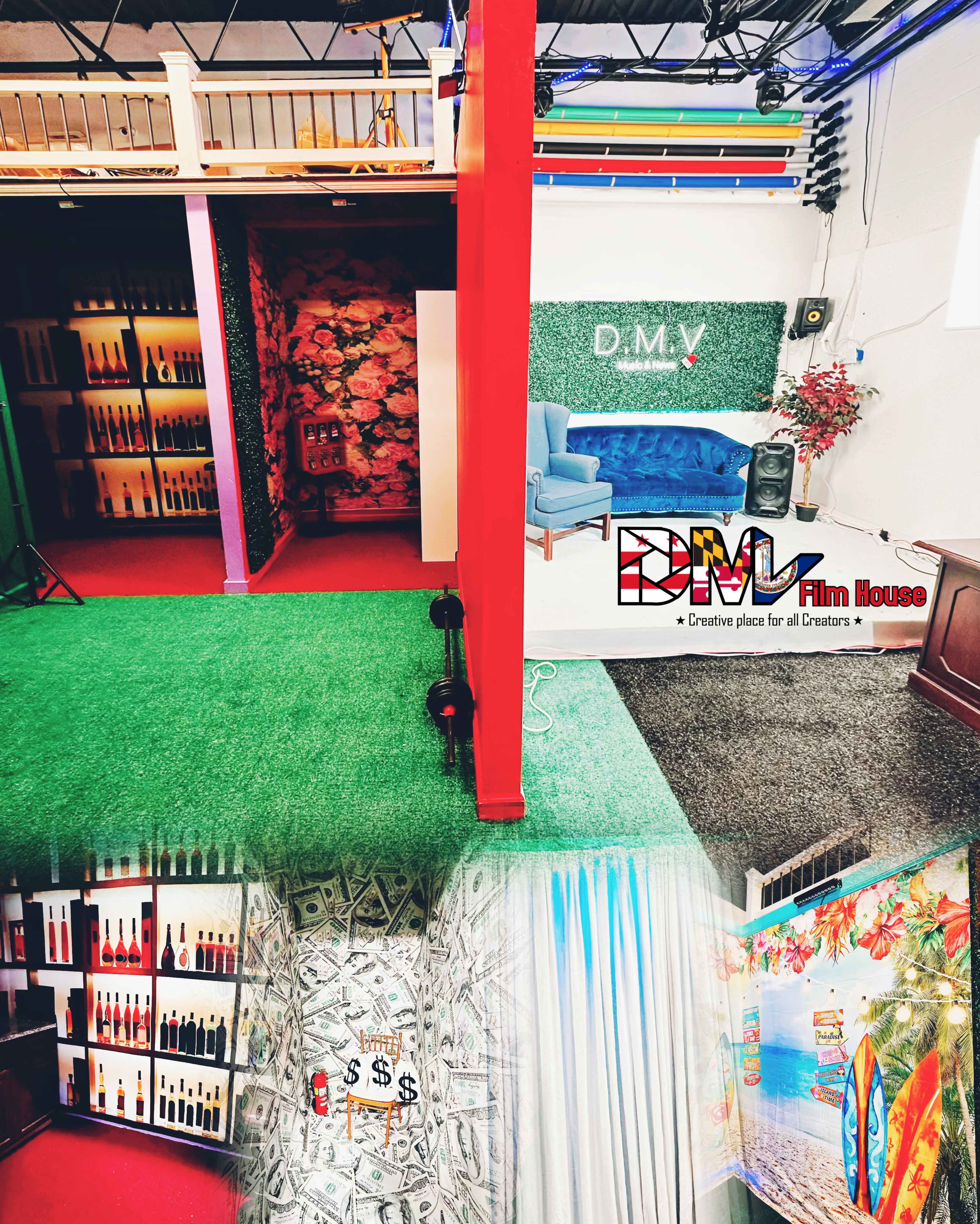 A colorful film studio setup with various backdrops, including a floral wall, shelves of bottles, and a dollar-themed design.