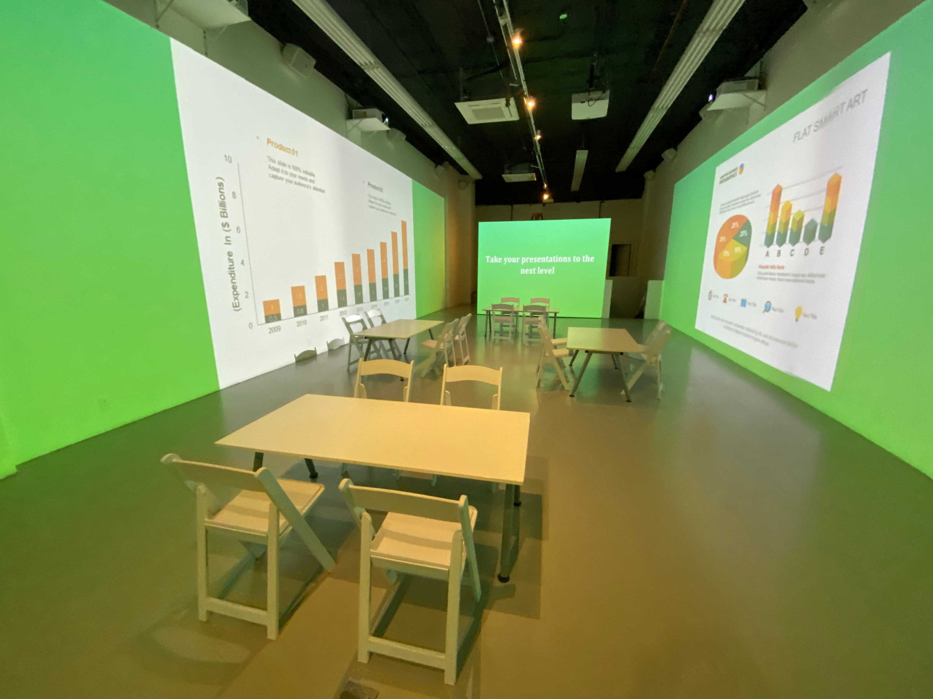 A minimalist, bright green room featuring several tables and chairs, with large projection screens displaying graphs and data visualizations.