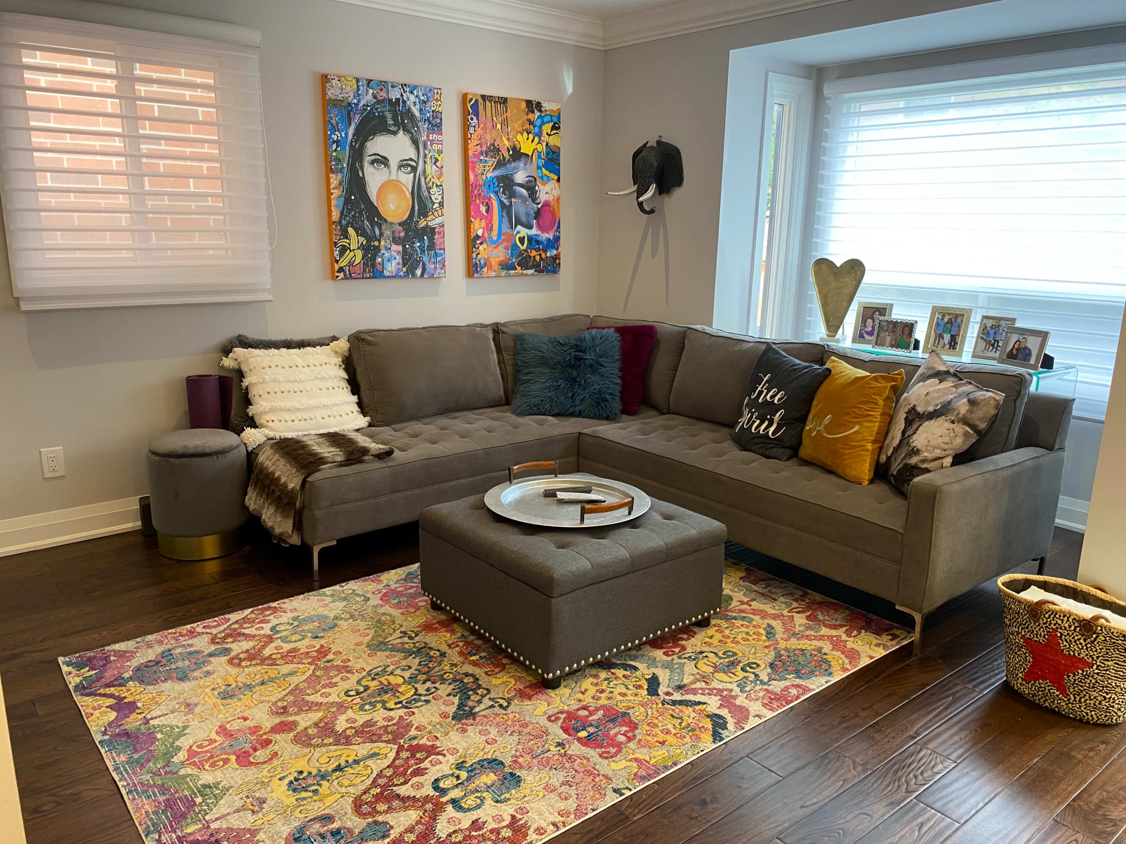 A modern living room with a gray sectional sofa, colorful decorative pillows, a patterned rug, and framed art pieces on the wall.