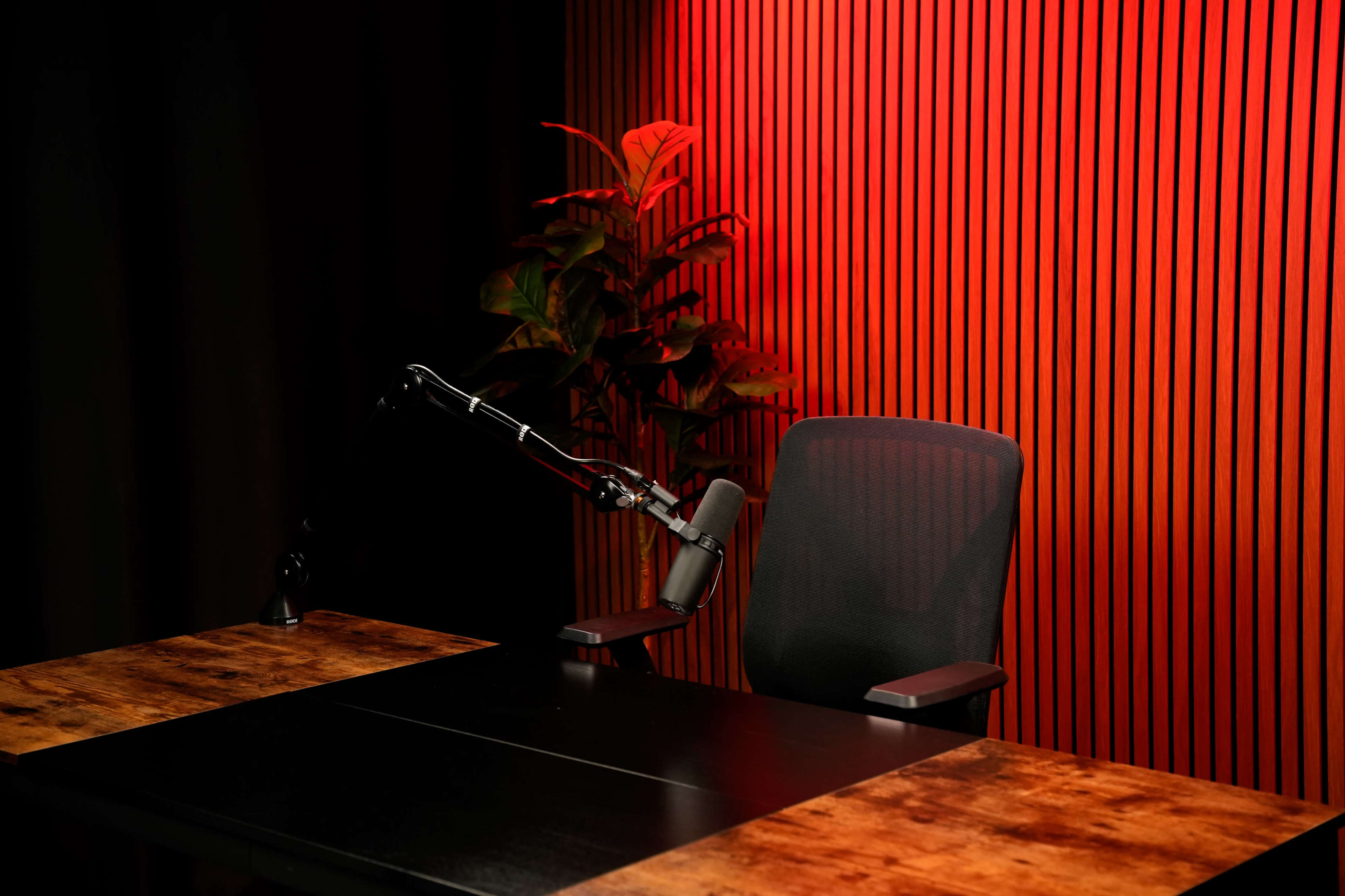 A black desk sits in front of an empty chair, equipped with a microphone and positioned beside a plant against a backdrop of wooden slats illuminated by red lighting.