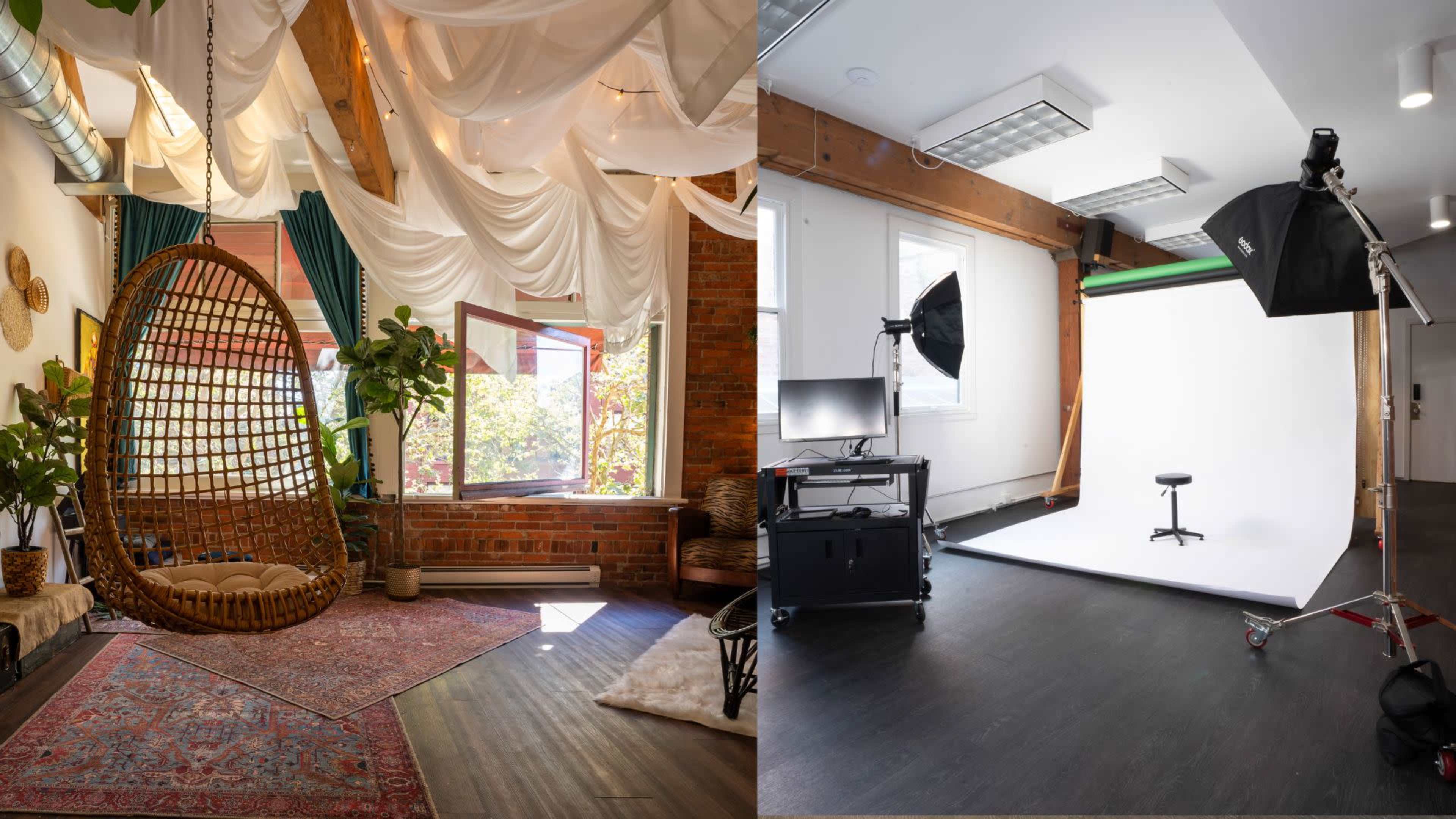 A split scene with a cozy room featuring a hanging chair and large windows on one side, and a photography studio with a white backdrop and lighting setup on the other.