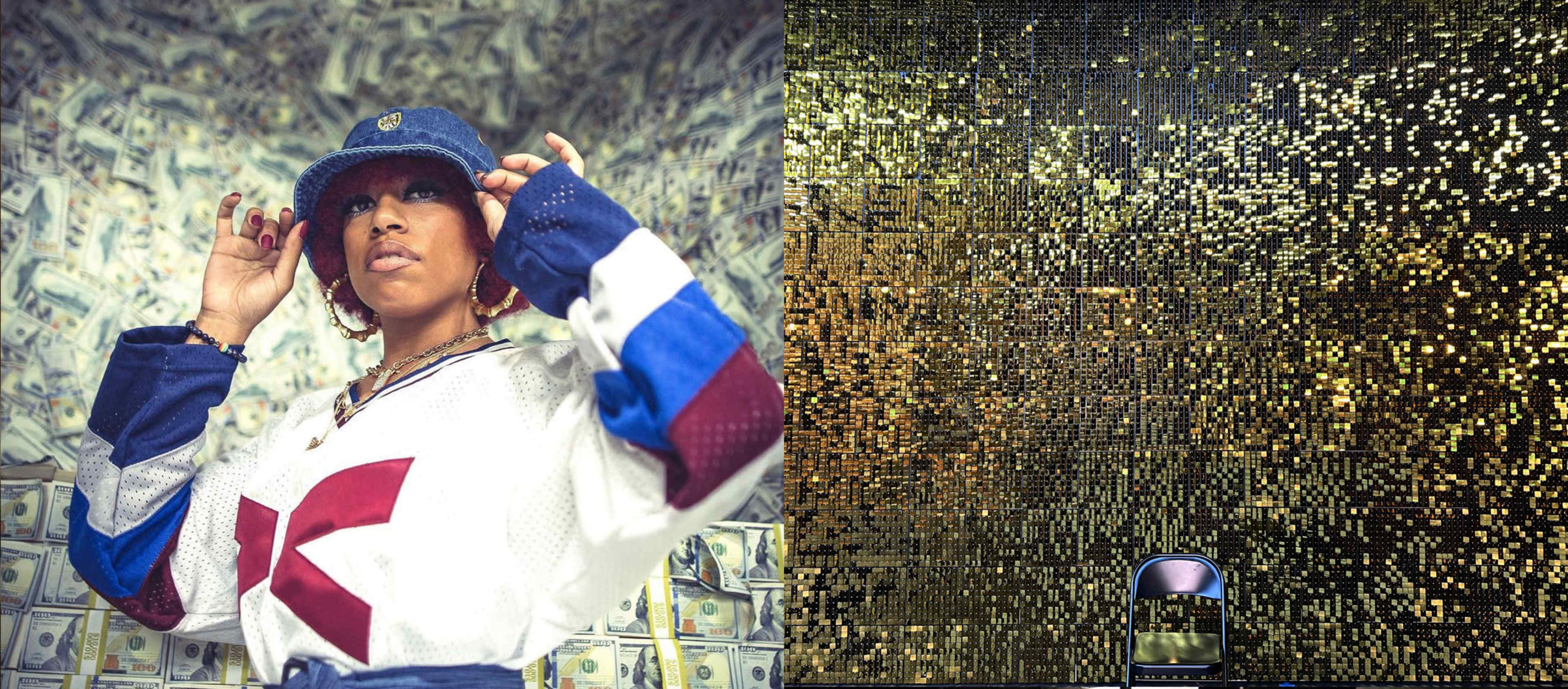 A person in a hat stands amidst a background of stacked money, while the adjacent wall is covered in shiny gold tiles, featuring a single empty chair in front.