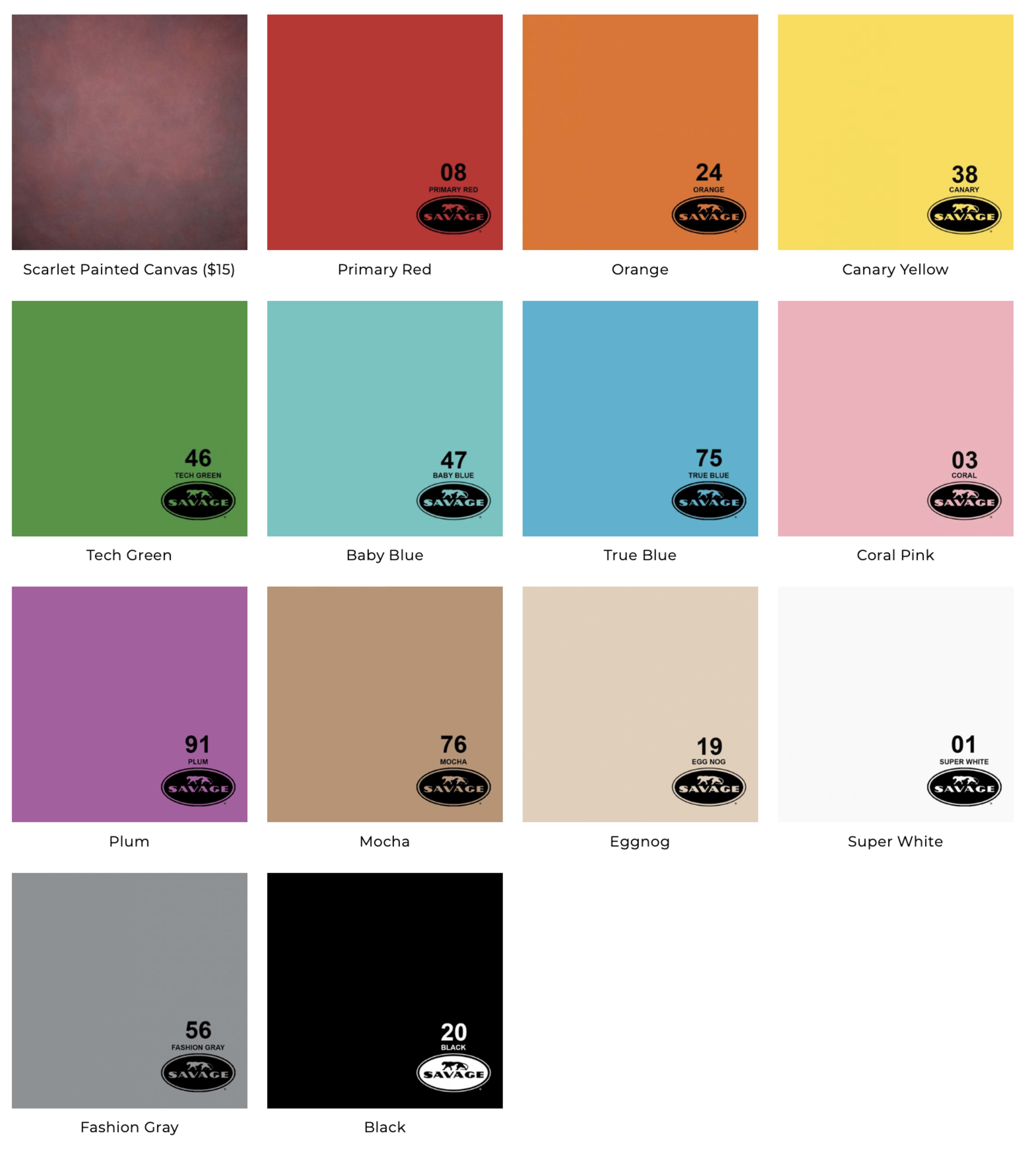 A color palette featuring twelve distinct colors, each with its name and a price indicated.