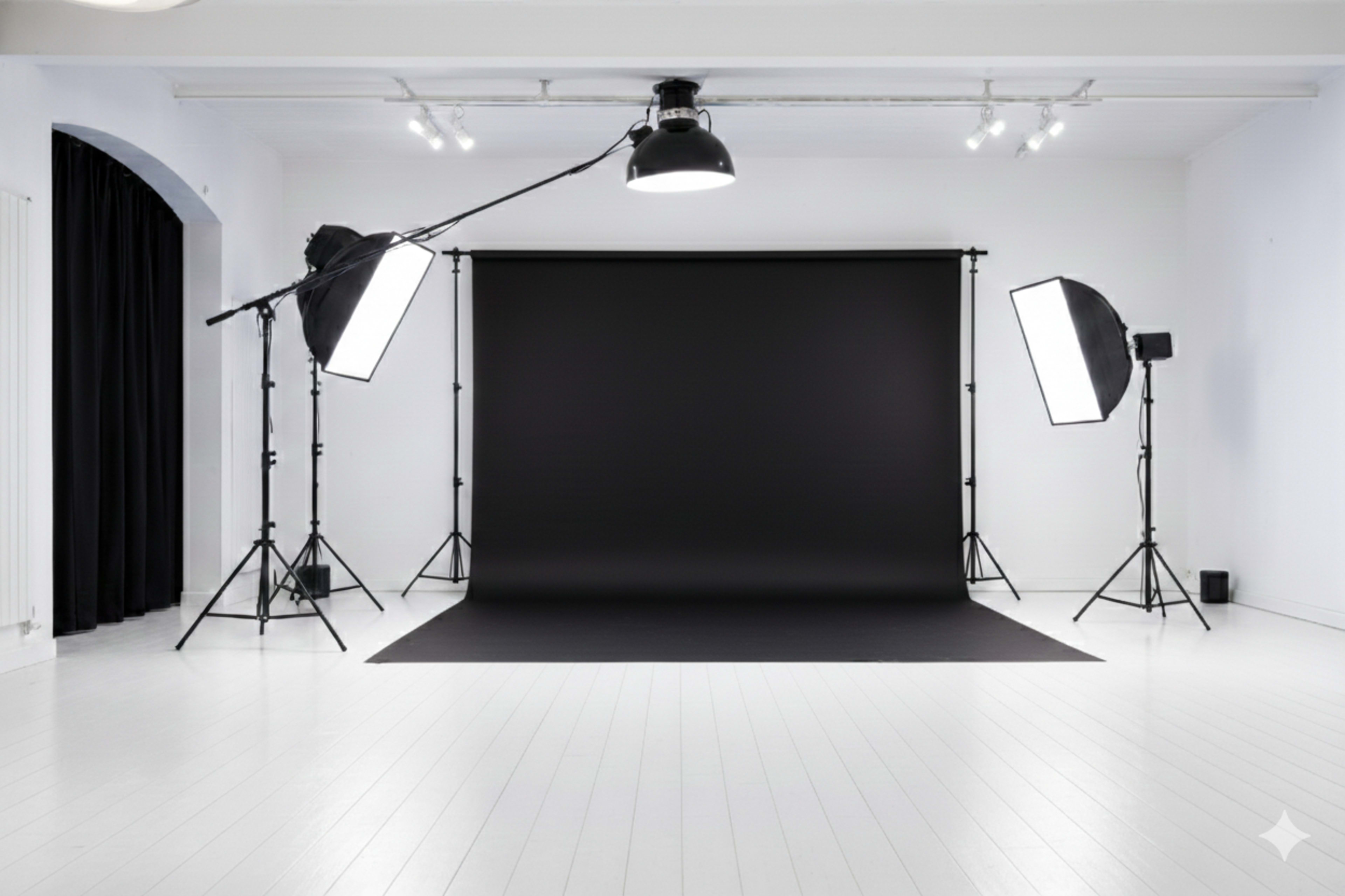 The image shows a photography studio with a black backdrop, two softbox lights on either side, and white wooden flooring.