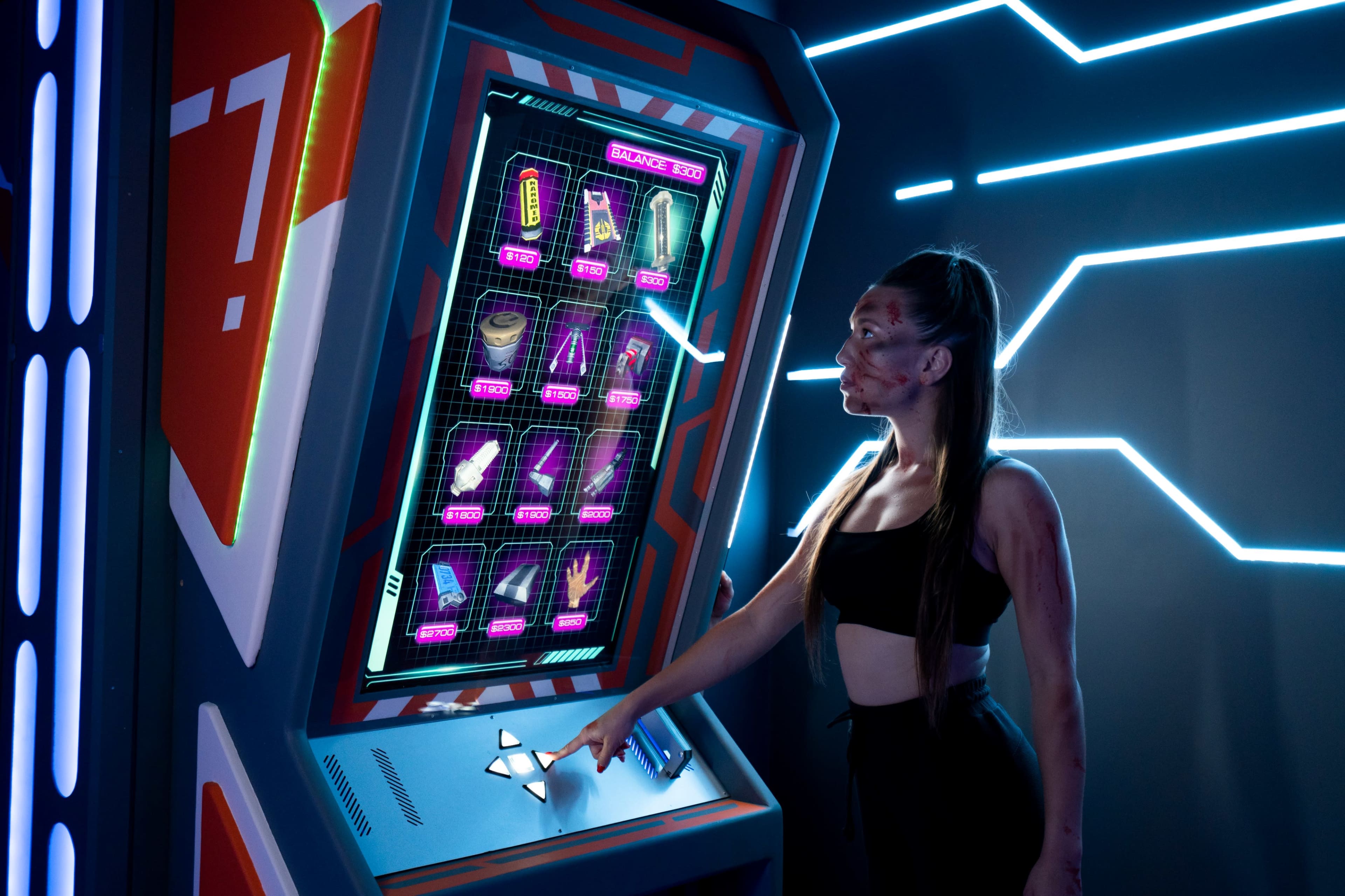A person interacts with a futuristic vending machine displaying various high-tech items in a neon-lit environment.