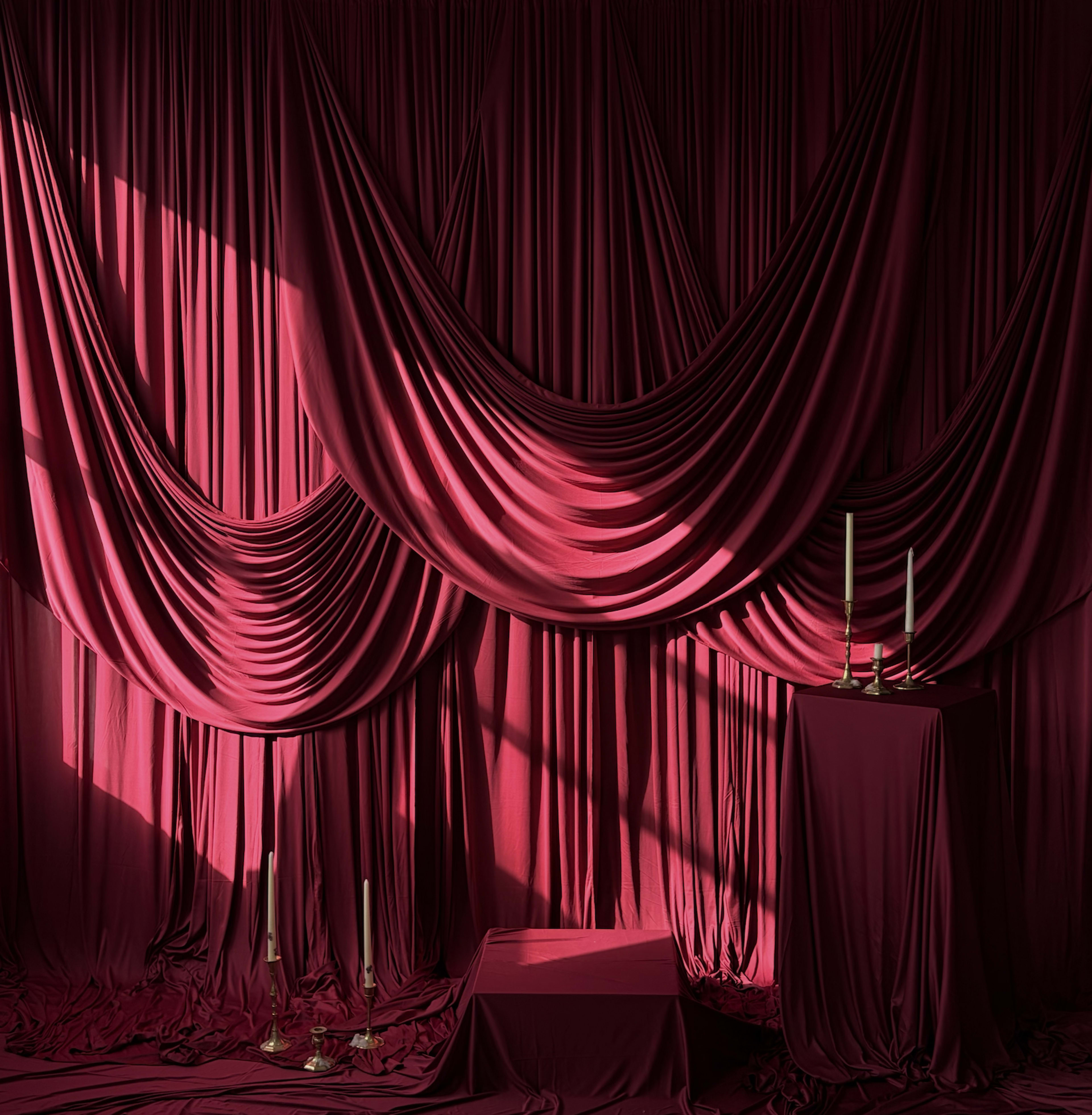 The image features rich, draped red fabric creating a textured backdrop, with a small table and candlesticks positioned in front.