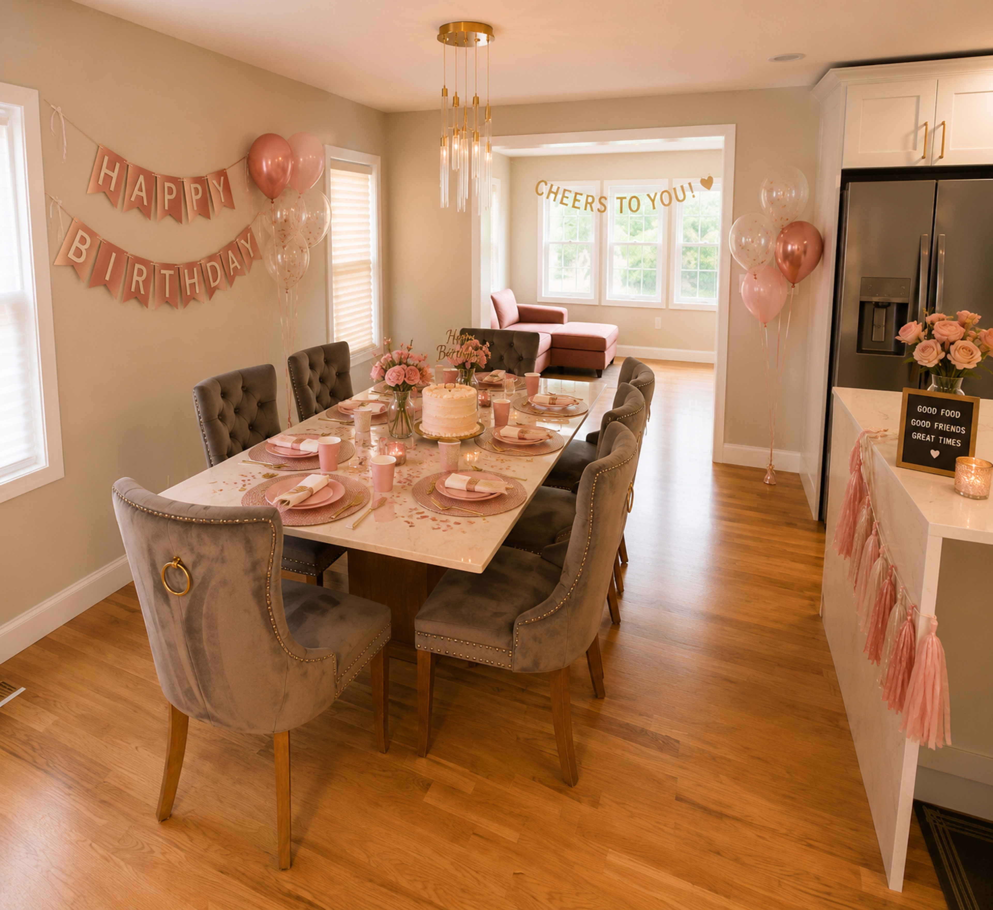 A dining room is decorated for a birthday celebration, featuring a table set with pink tableware, balloons, and banners that read "Happy Birthday" and "Cheers to You."