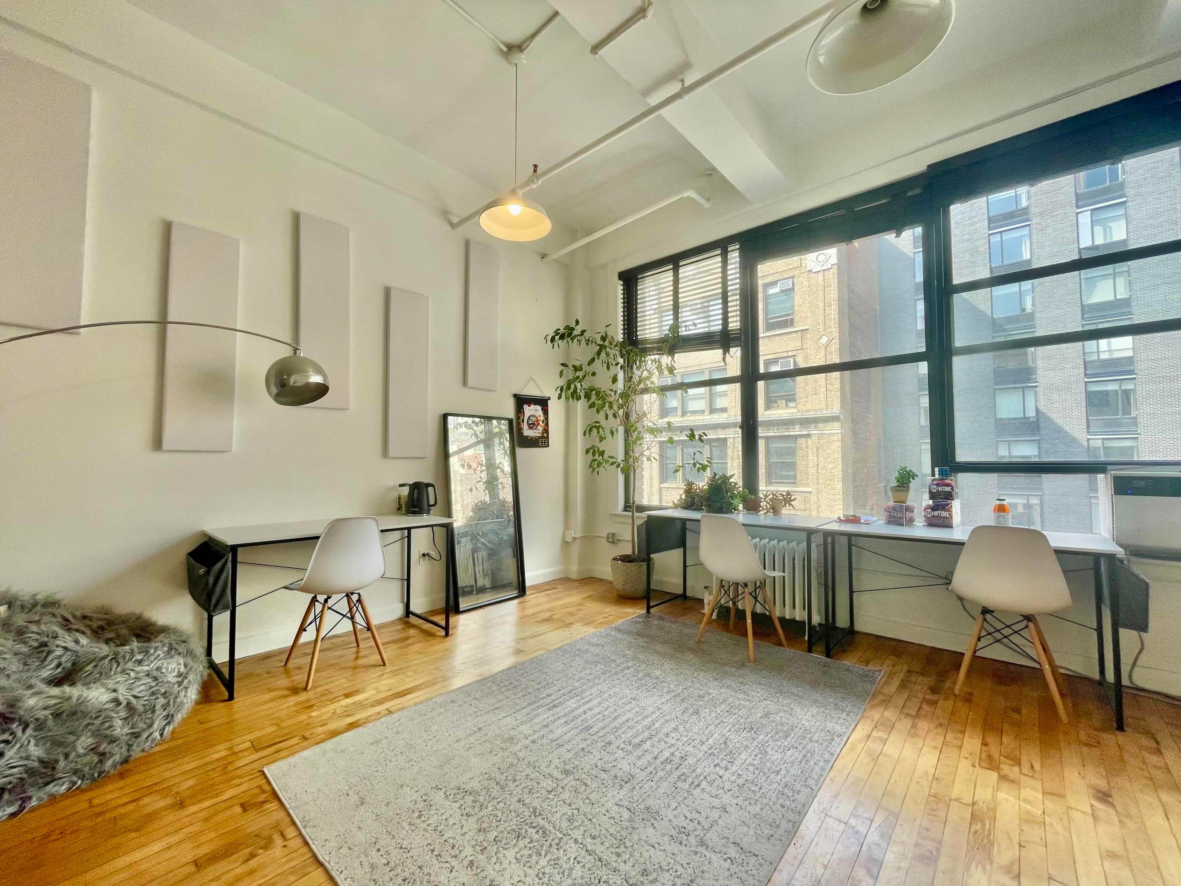 The image shows a modern workspace featuring two desks with chairs, a large mirror, a plush rug, and large windows letting in natural light.