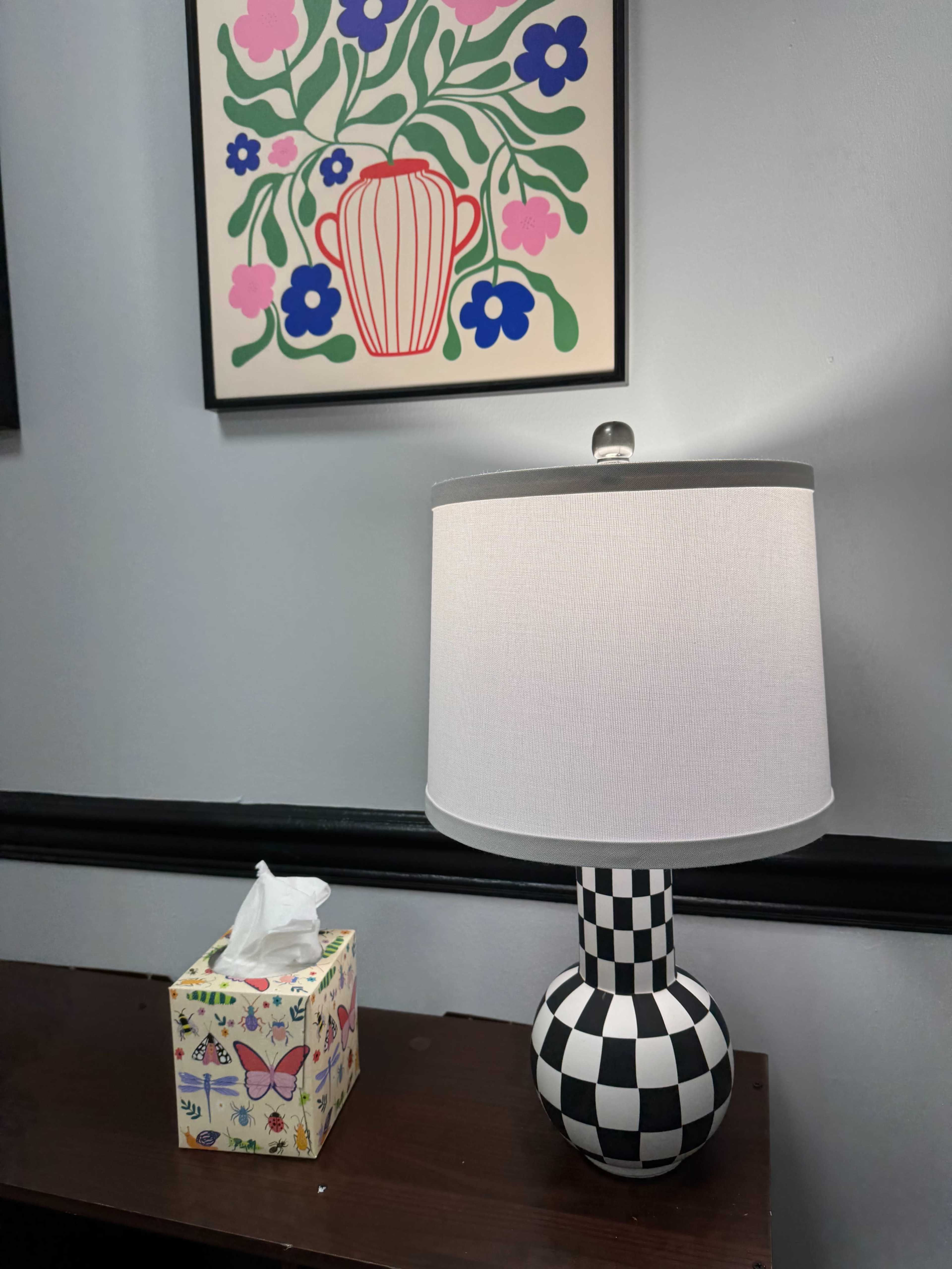 A checkered lamp stands next to a box of tissues on a wooden table, with floral artwork hanging on the wall above.
