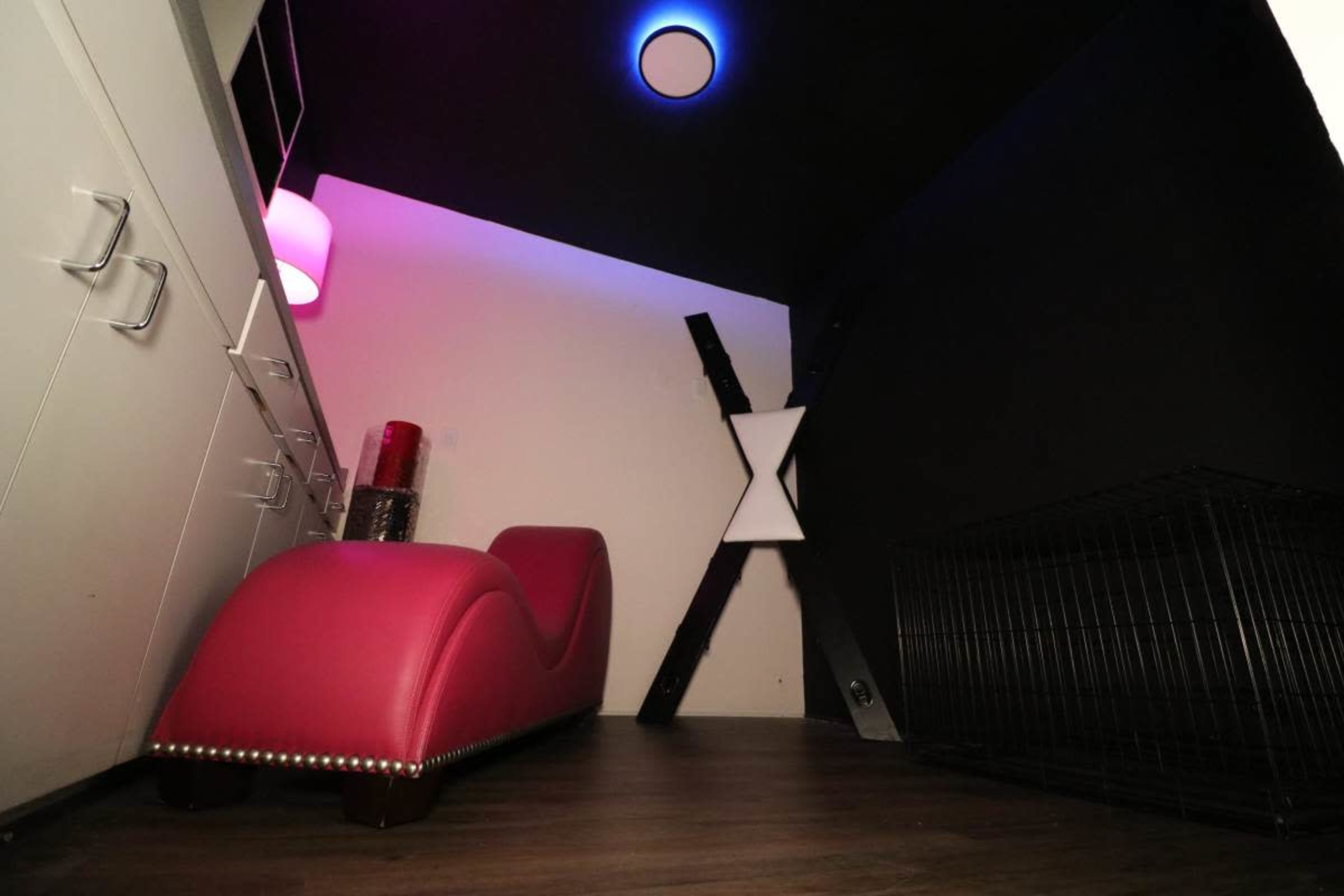 The image depicts a small, dimly lit room featuring a pink chaise lounge, a black wall with a light fixture, and a pet crate in the corner.