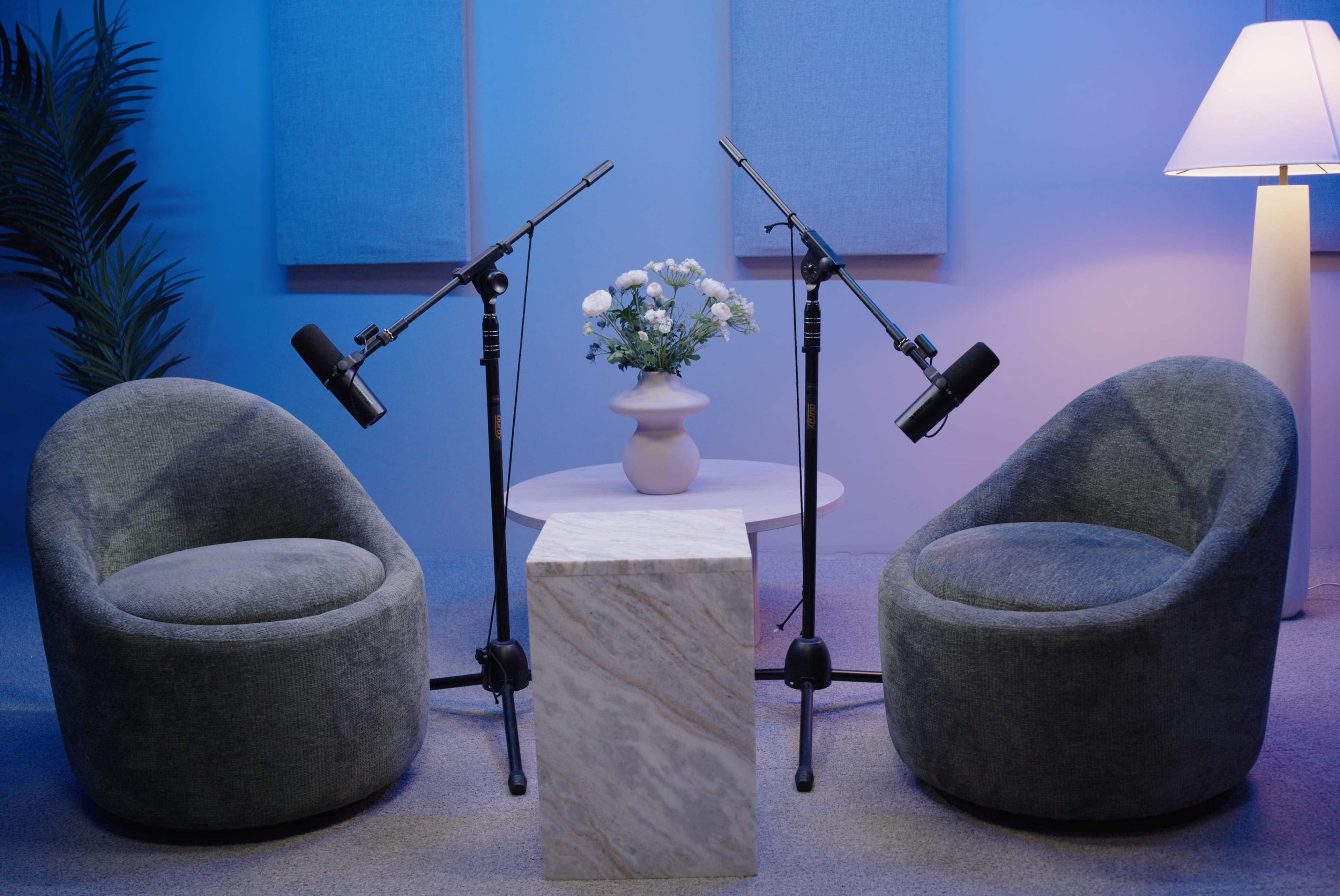 The scene features two gray armchairs facing each other, separated by a marble side table, with microphones mounted on stands positioned toward the chairs and a vase of flowers on the table, all set against a soft blue-lit background.
