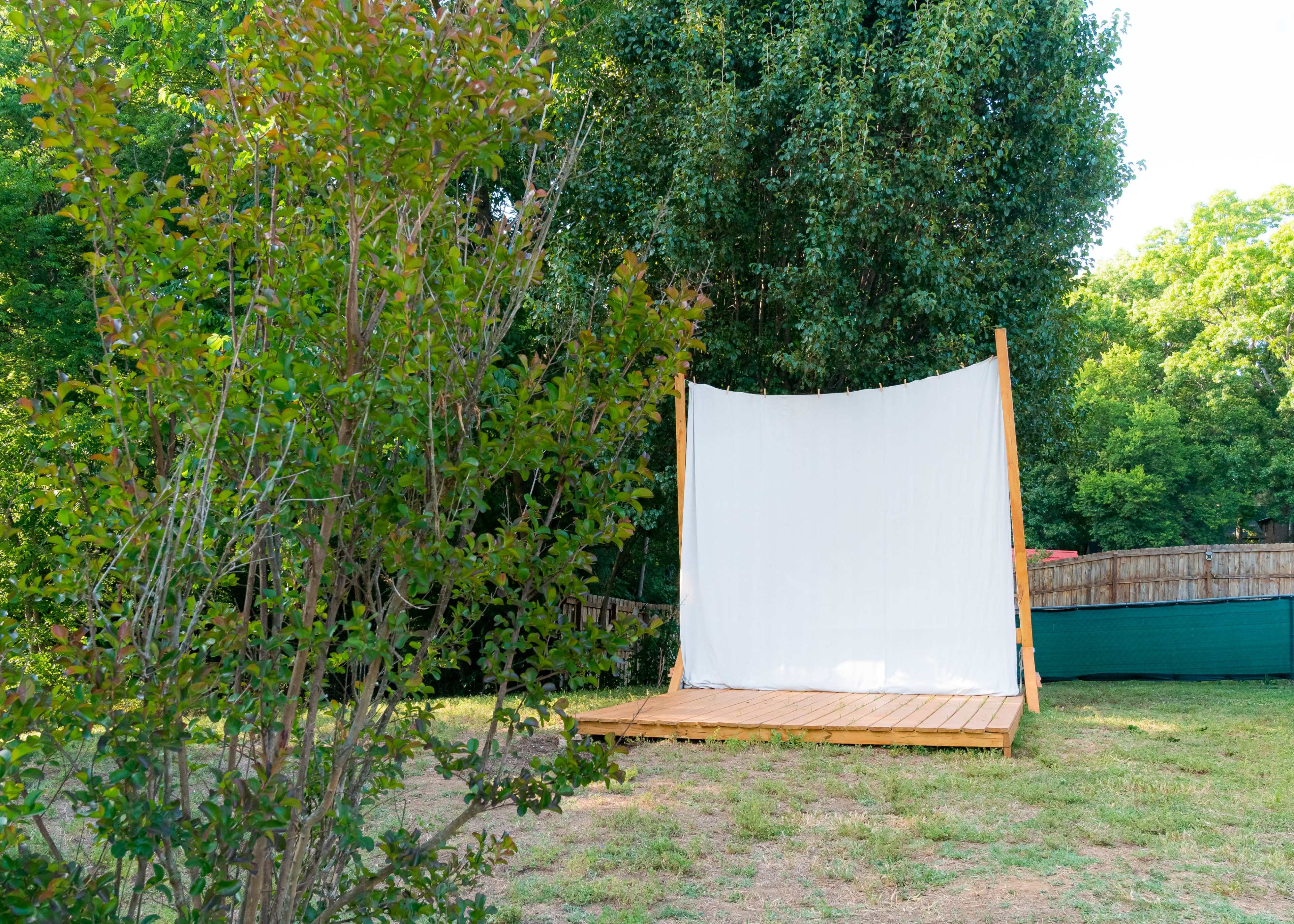 A white backdrop is mounted on a wooden frame in a grassy outdoor area surrounded by trees.