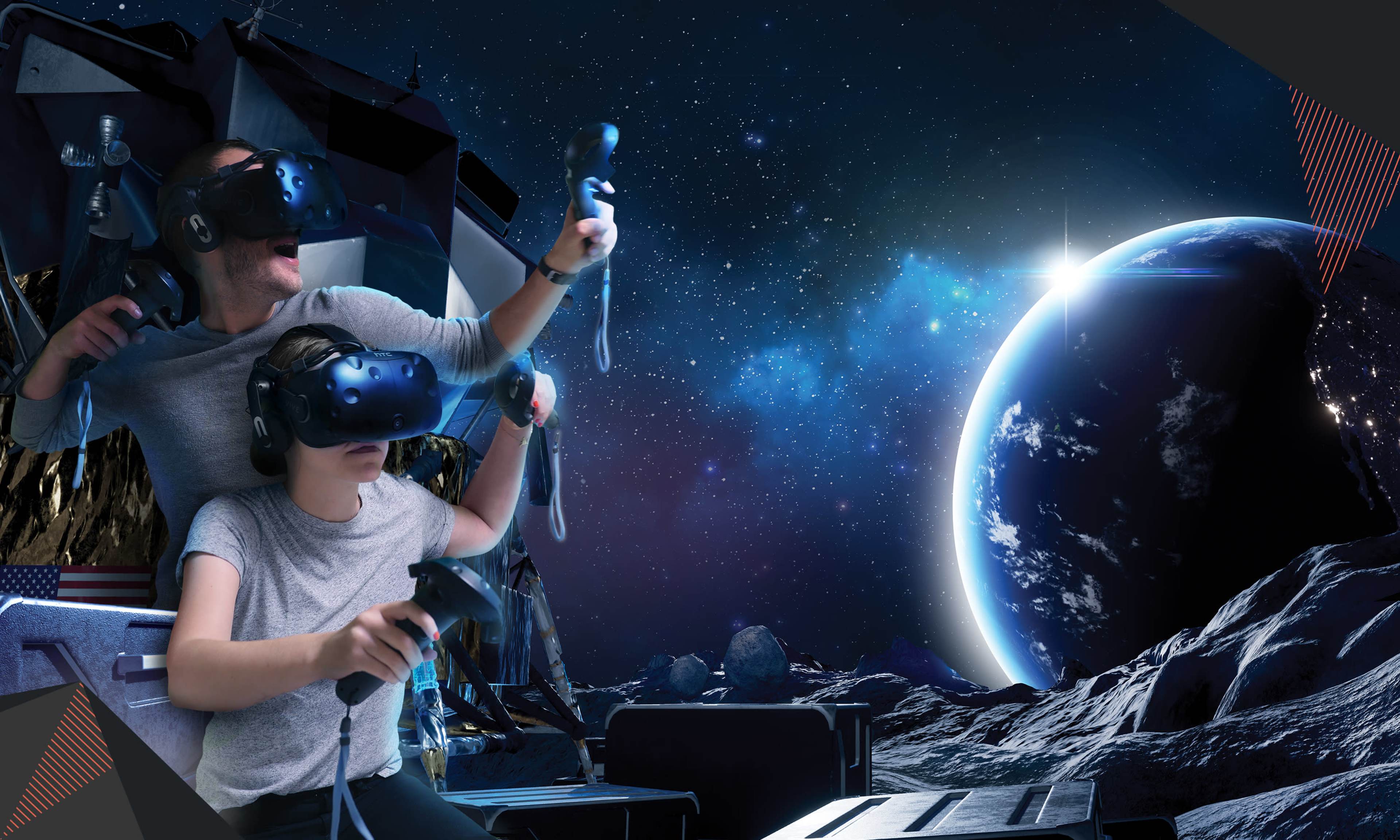 A man and a child are using virtual reality headsets while immersed in a space-themed environment featuring a view of Earth from a distance.
