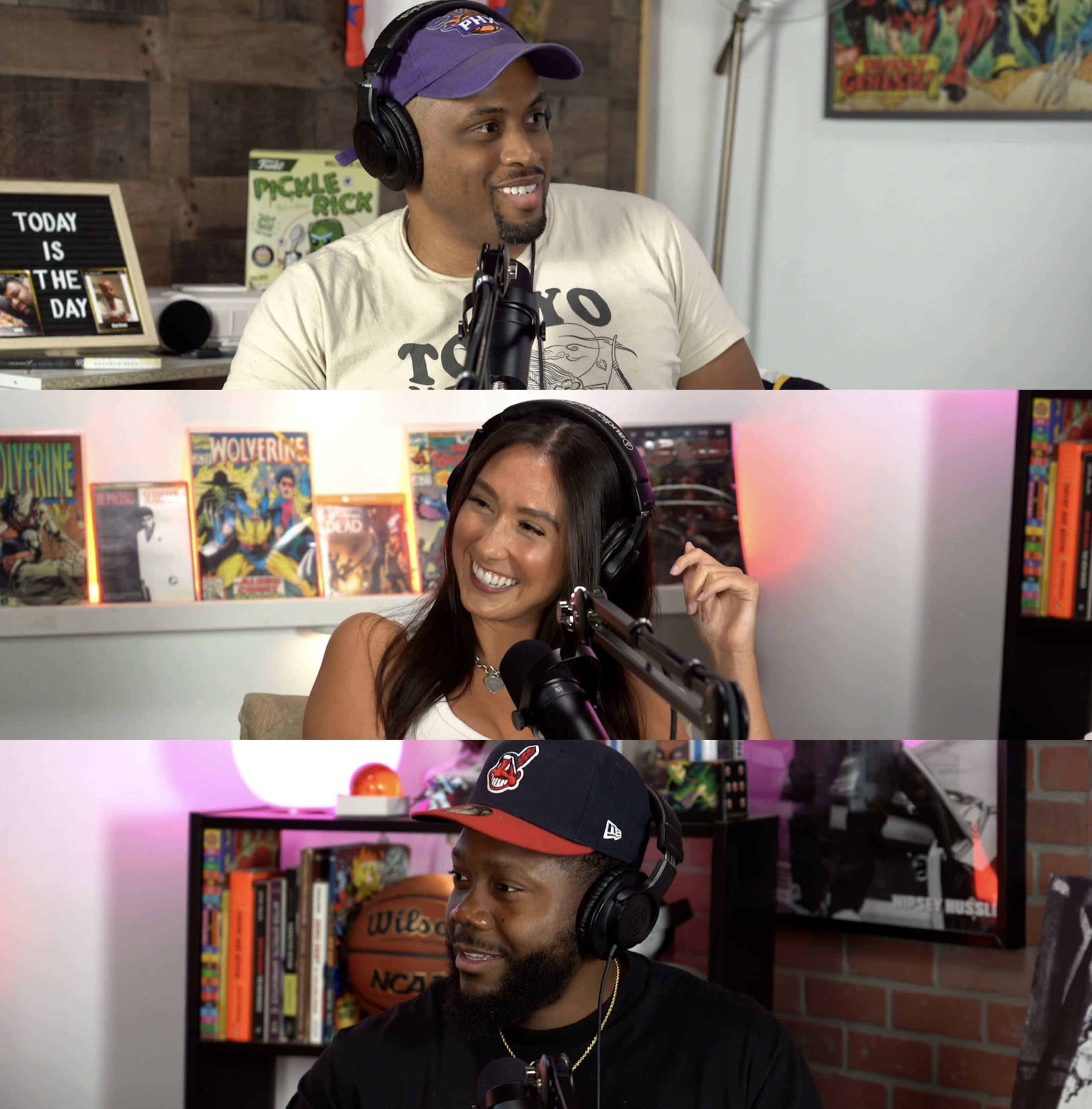 Three people are sitting in a podcast studio, wearing headphones and speaking into microphones, with colorful comic book covers displayed in the background.
