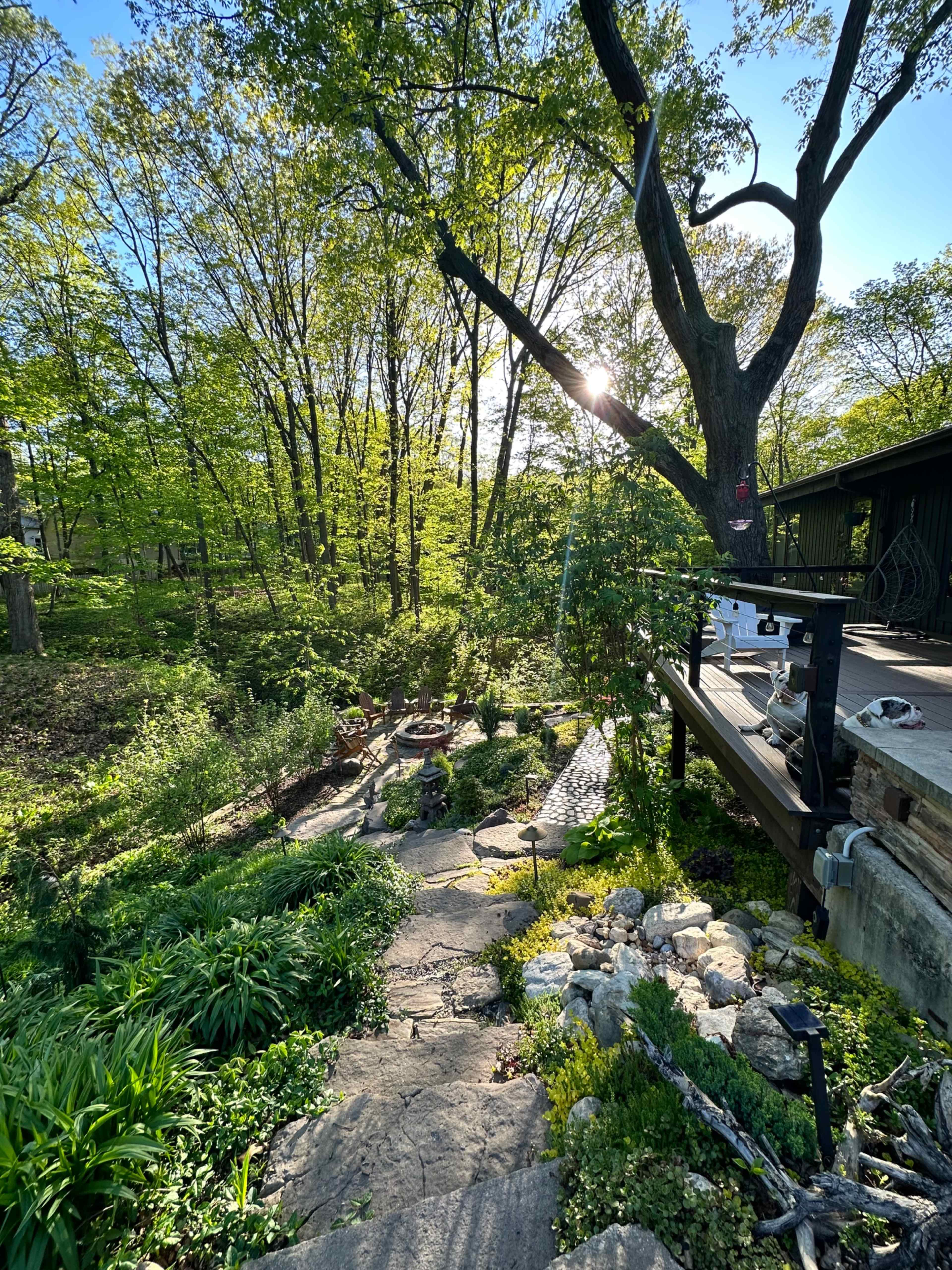 A stone pathway leads down through a lush green garden towards a seating area surrounded by trees.