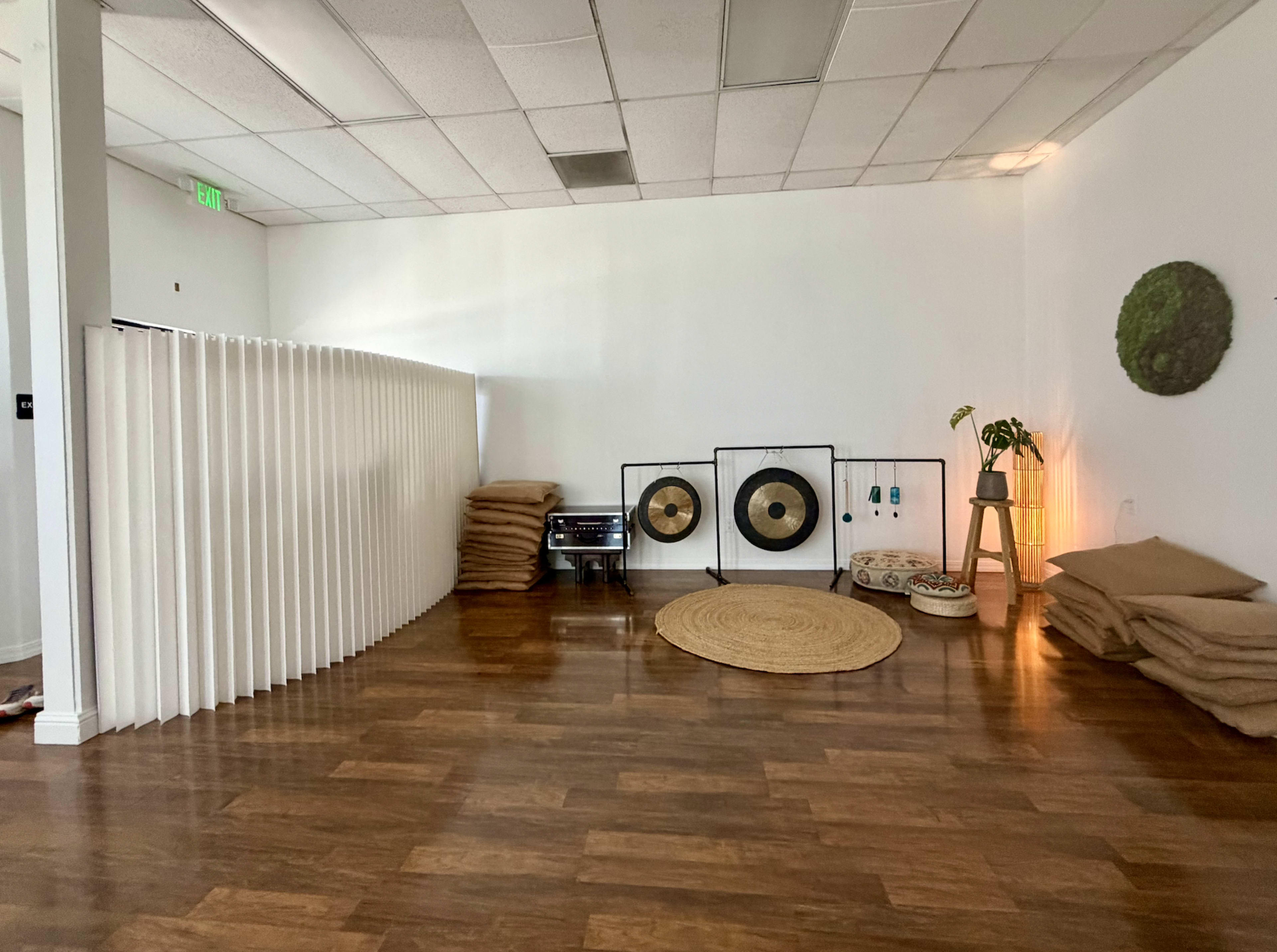 The image shows a spacious room with wooden flooring, featuring a partition on the left, stacked mats, a circular rug, a plant, and decorative wall elements.