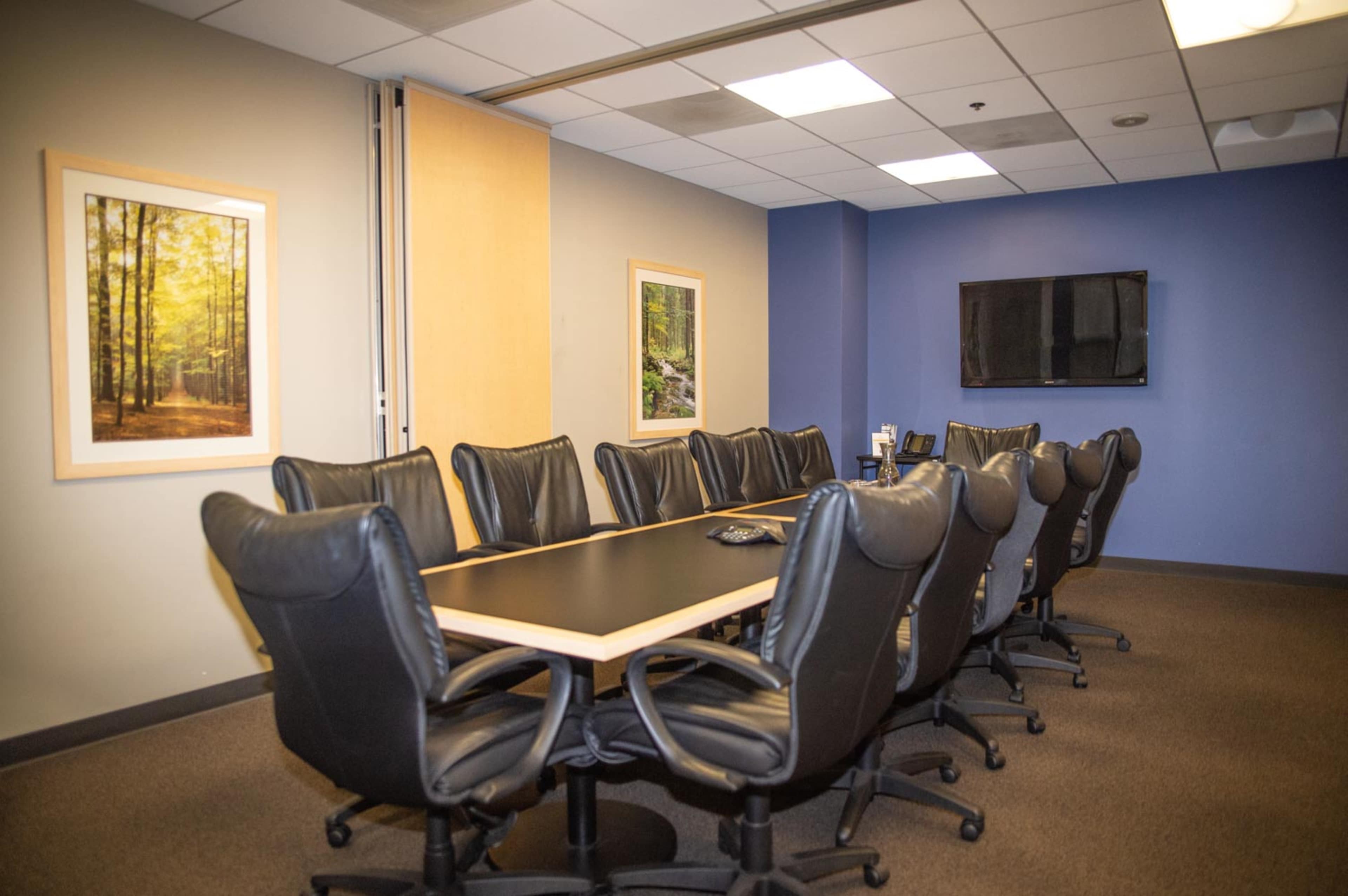 A conference room features a long table surrounded by twelve black leather chairs, with framed nature photos on the walls and a wall-mounted television.