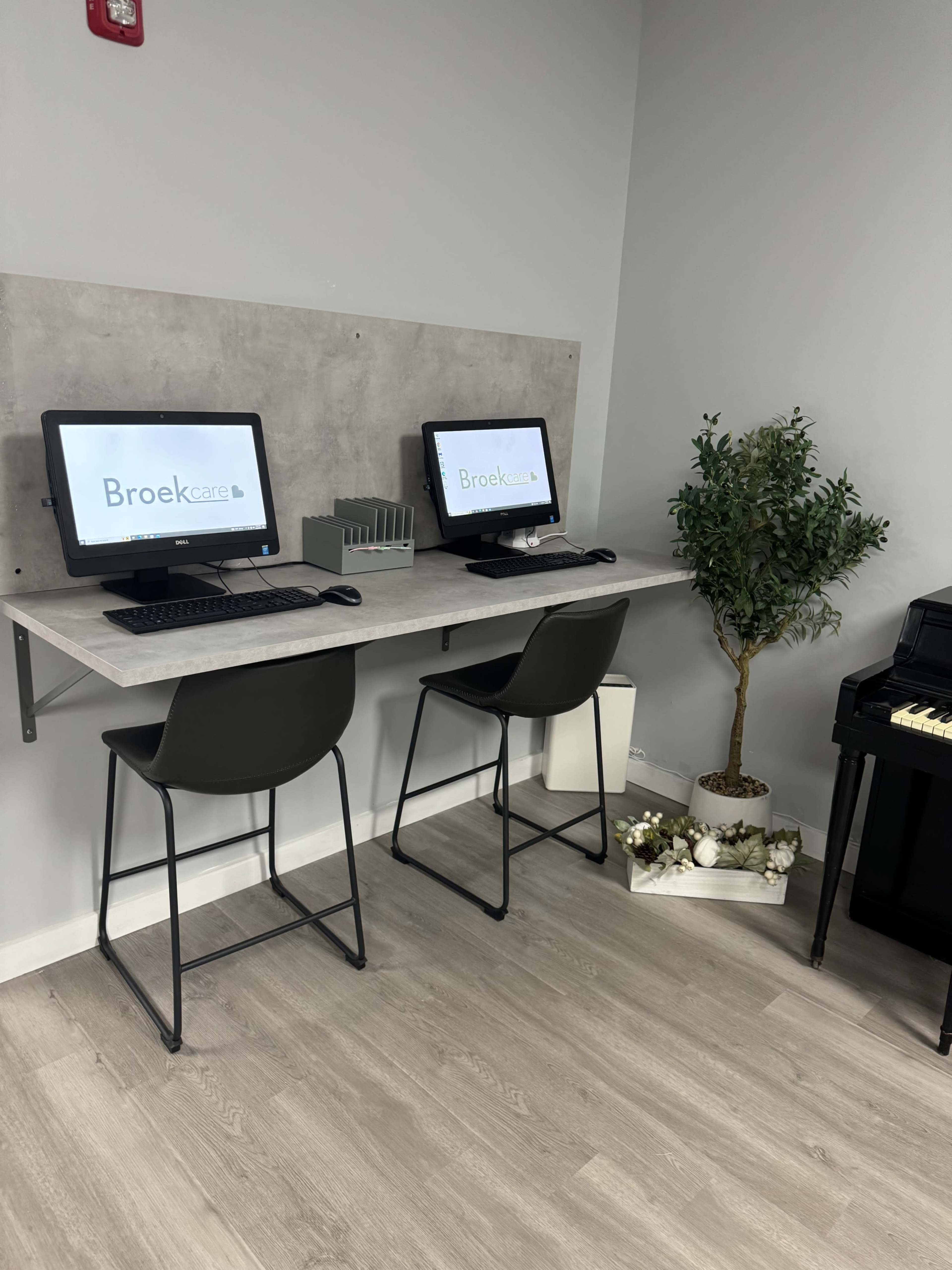 Two computer workstations with monitors sit at a long desk against a wall, alongside a decorative plant and a piano in the corner of the room.