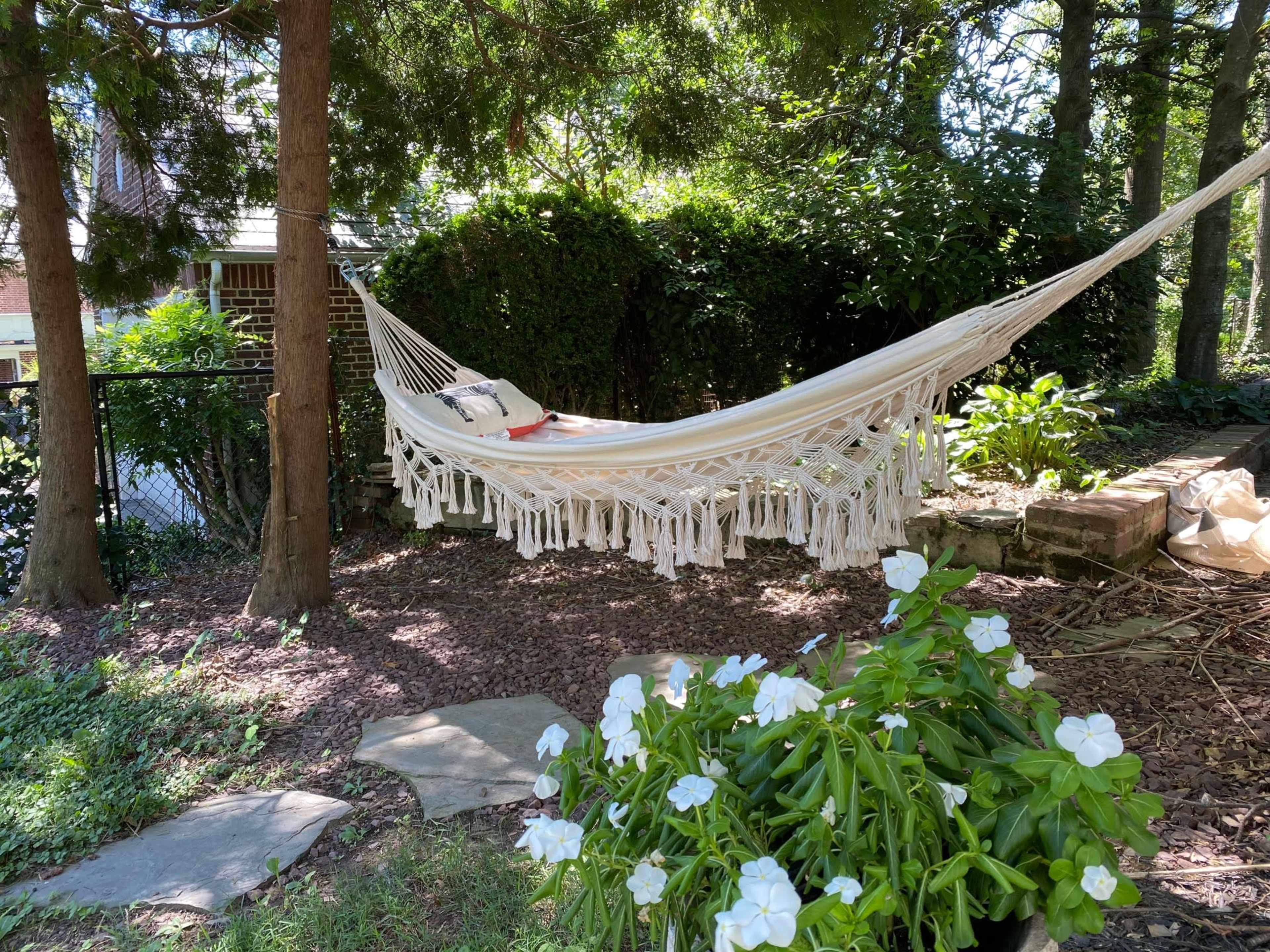 A white hammock is suspended between two trees in a garden filled with green plants and white flowers.