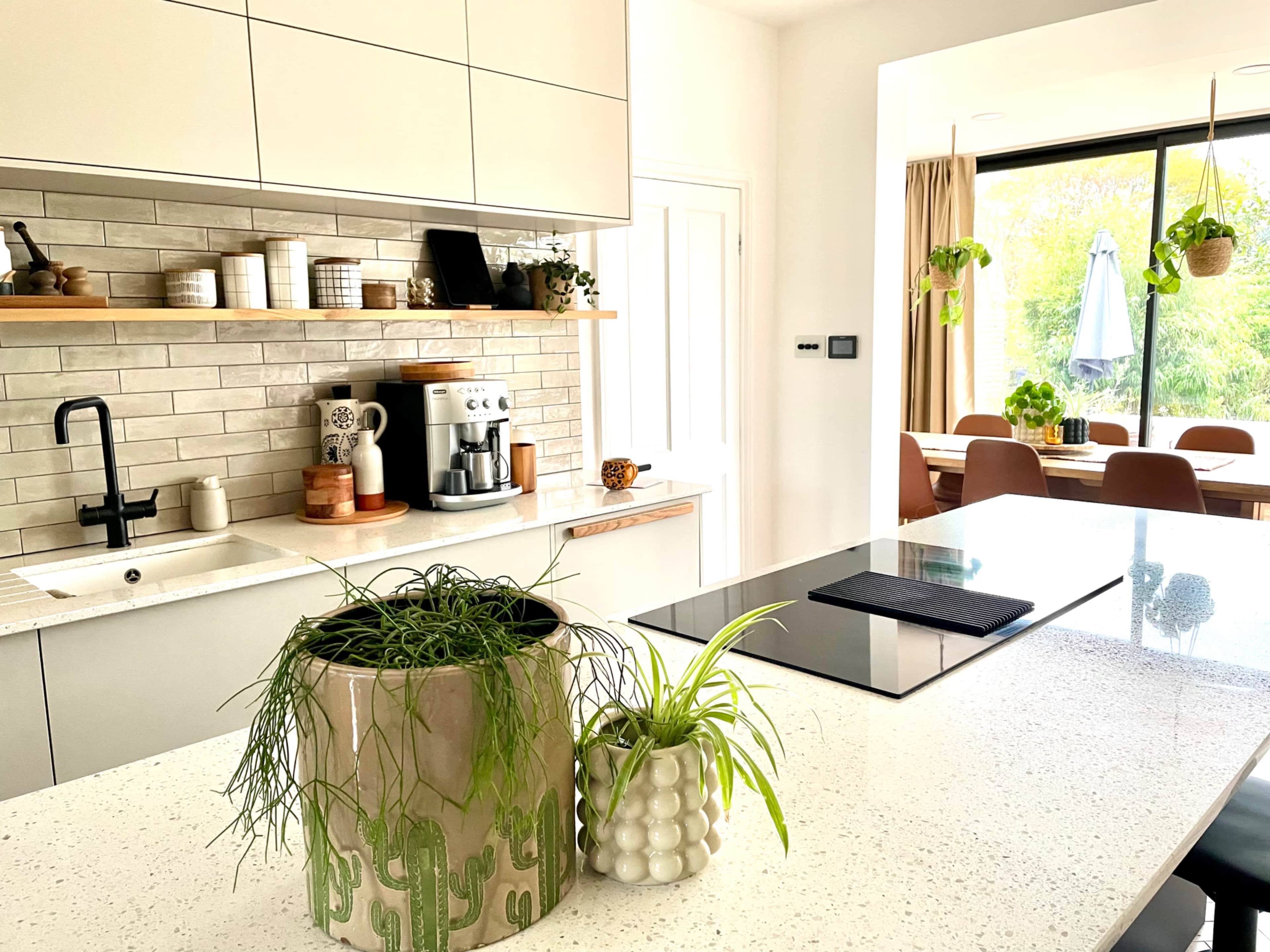 A modern kitchen features a central island with a countertop plant, sleek cabinetry, and a window displaying greenery outside.