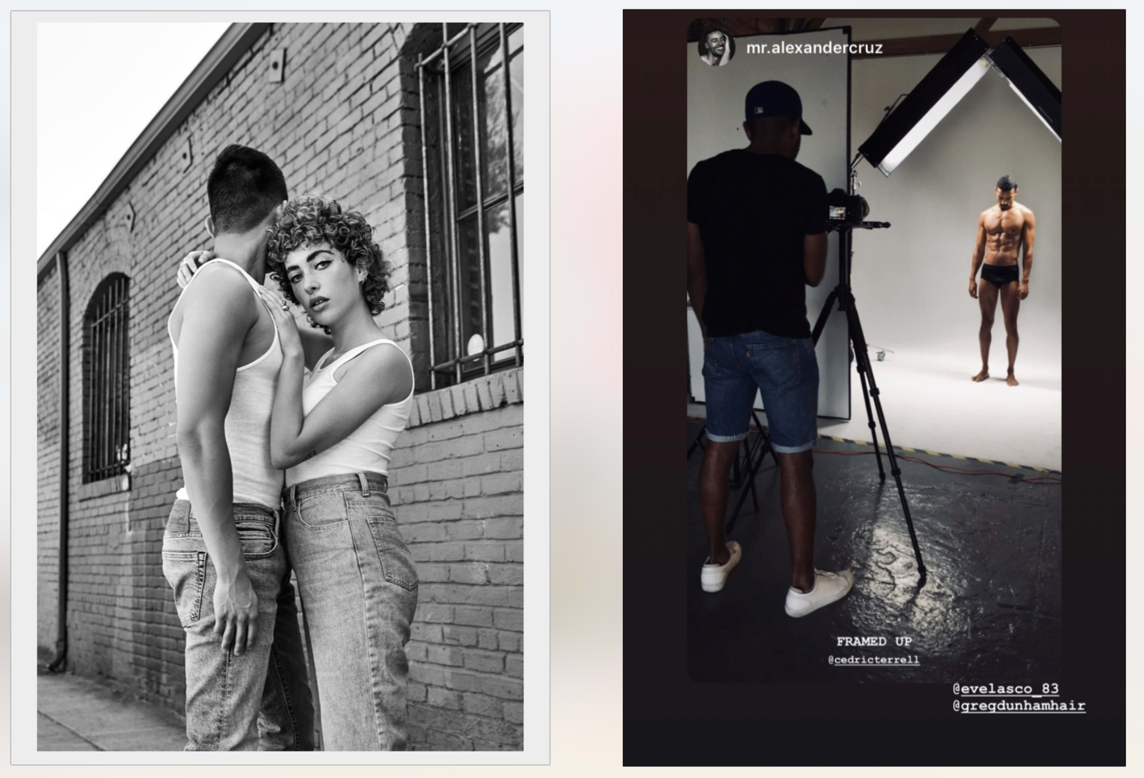 A man and woman posing closely together in front of a brick wall, while another scene features a man in a studio setting preparing for a photoshoot with a camera and lighting equipment.
