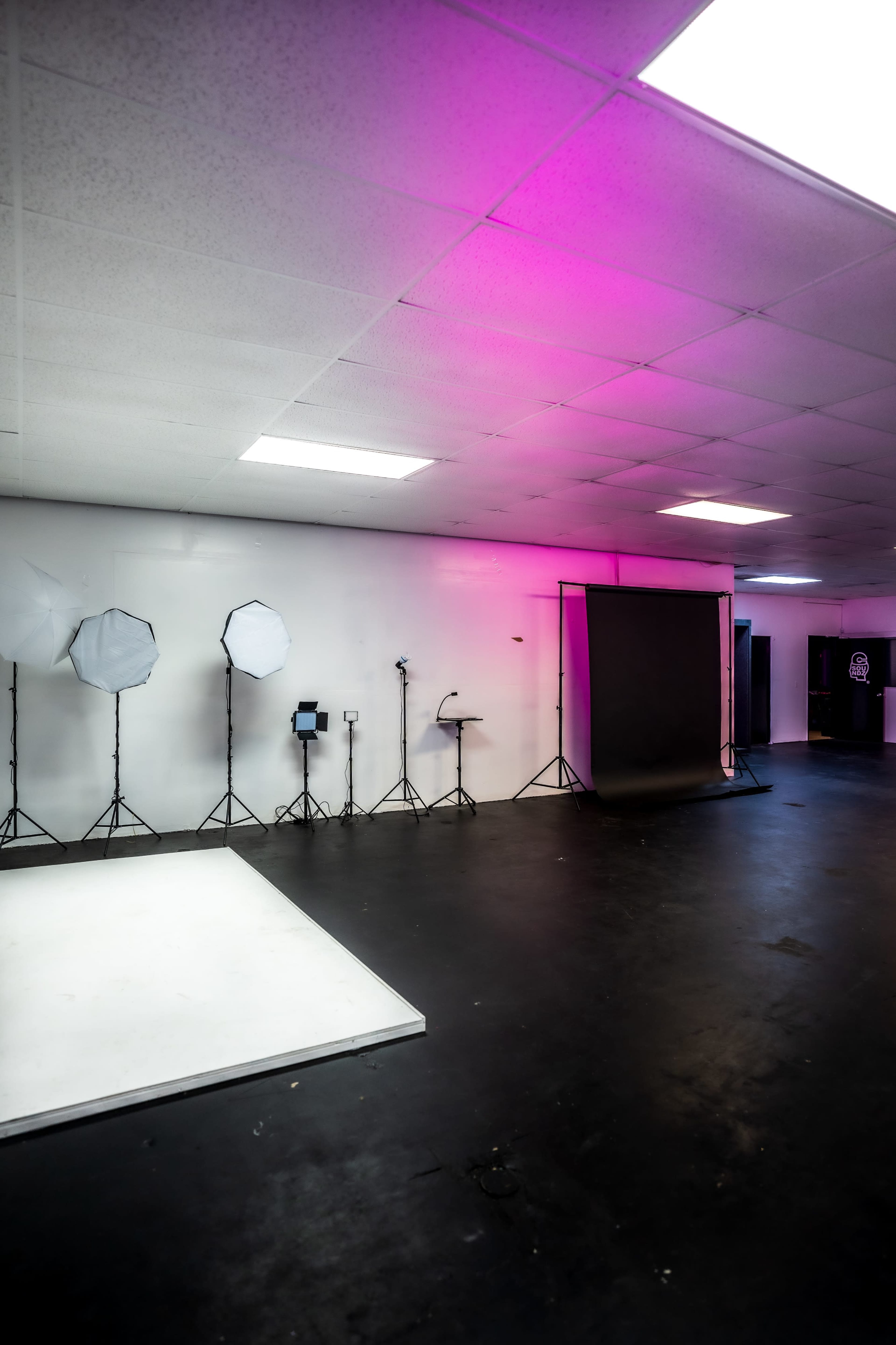 A photography studio with a white platform, two softbox lights, a black backdrop, and pink ambient lighting along the walls.