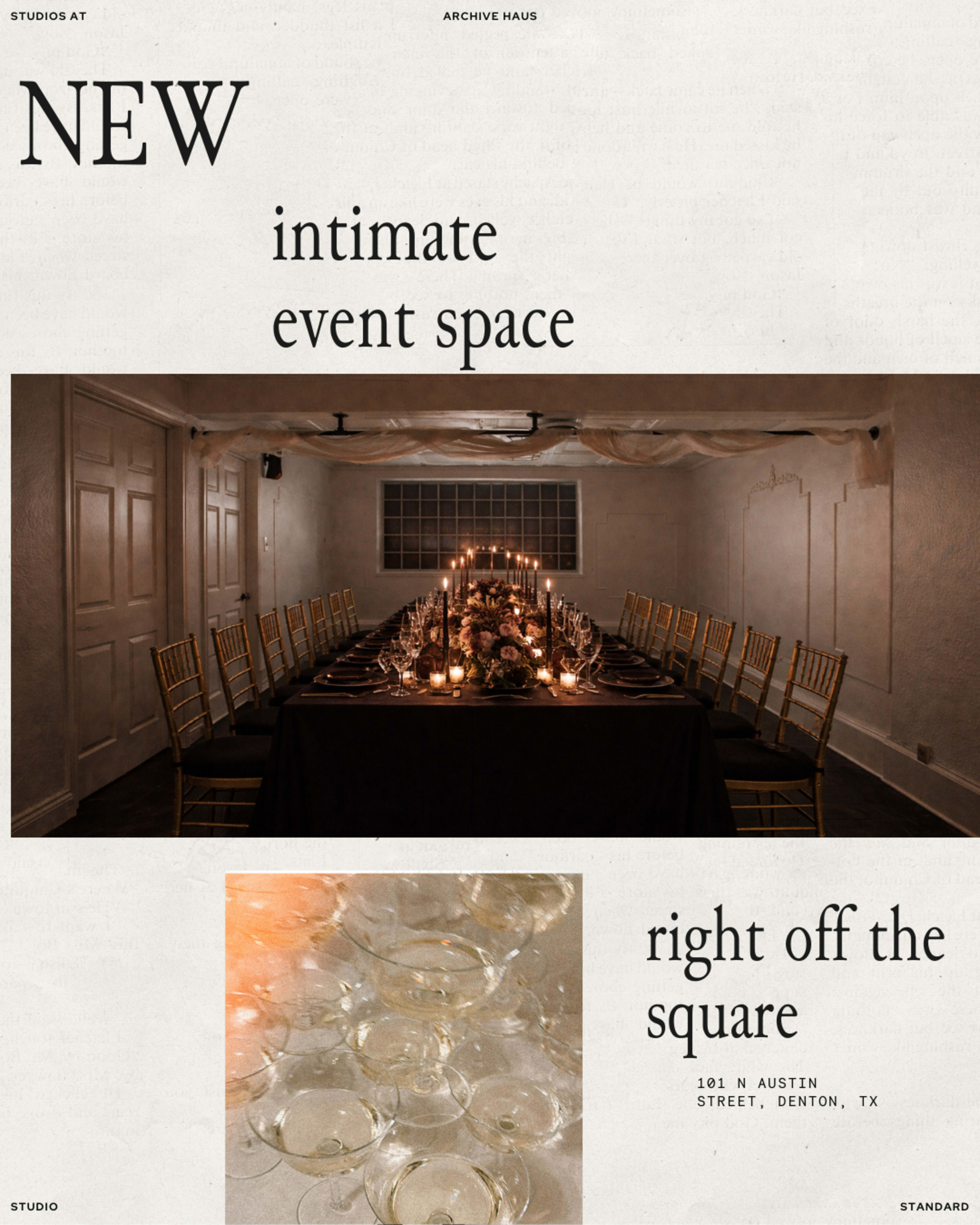 The image features an elegantly arranged event space with a long table set for dining, illuminated by candlelight, and surrounded by gold chairs.