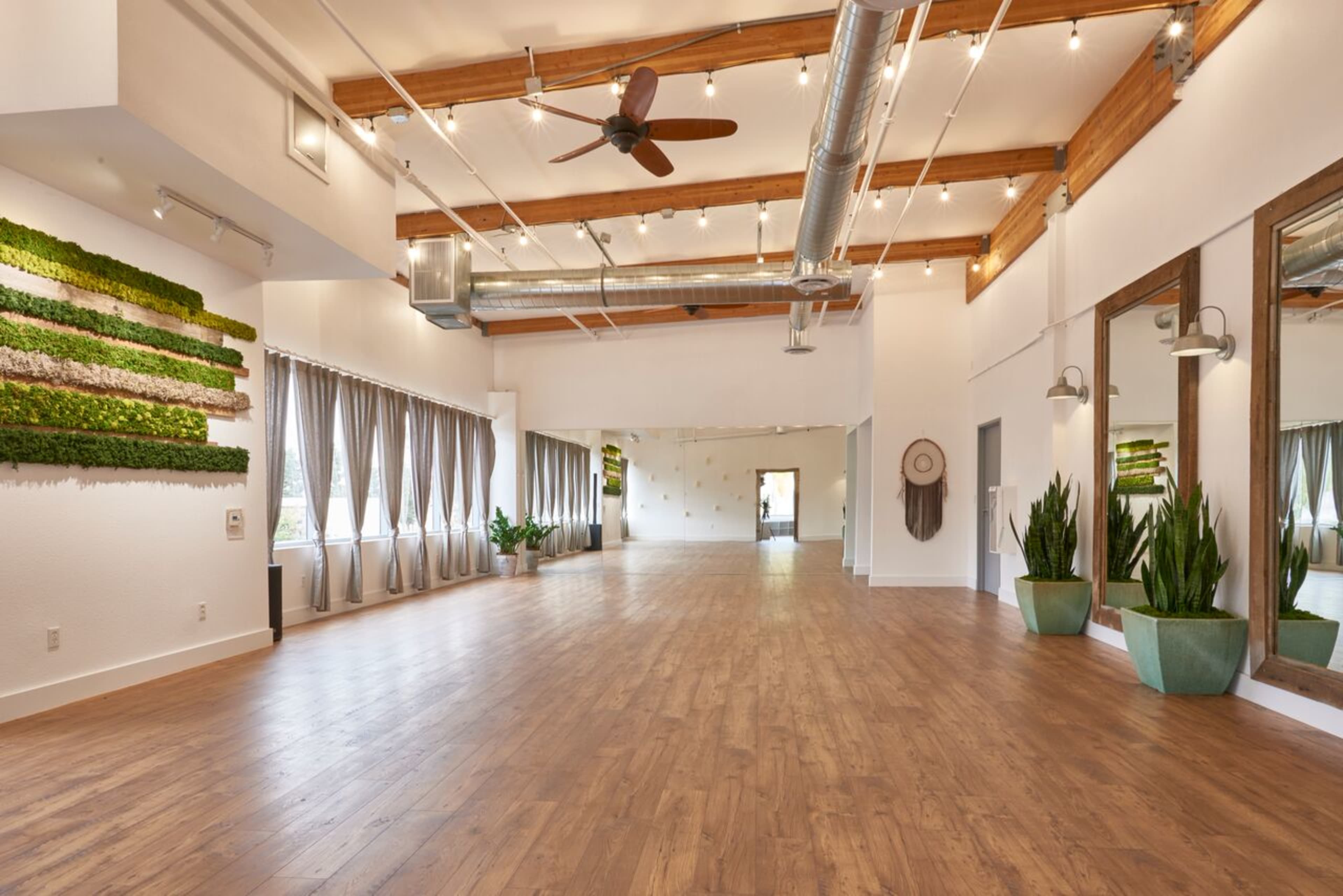 A spacious, well-lit interior room with wooden flooring, decorative plants, and large mirrors on the walls.