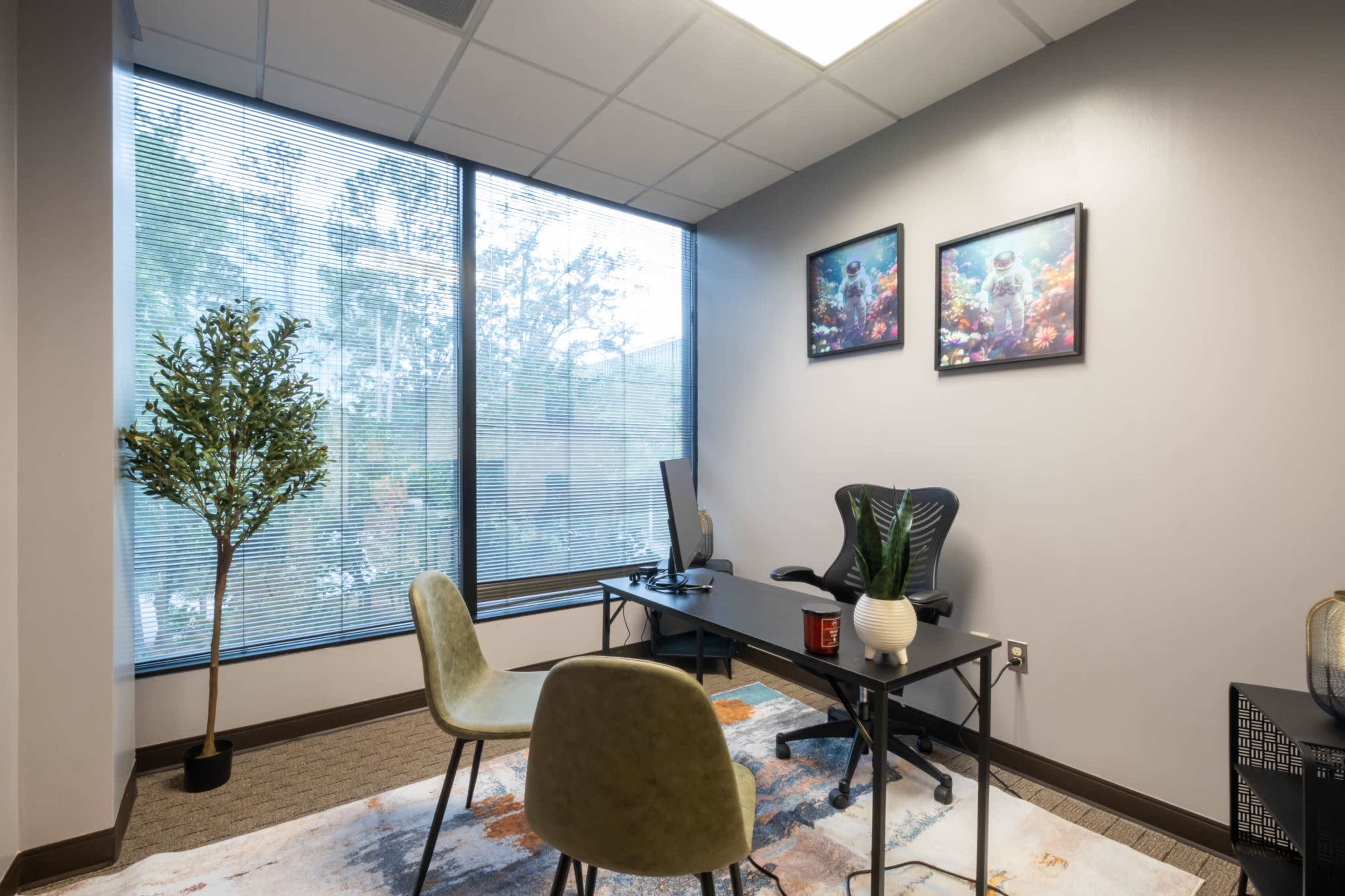 The image shows an office space with a desk, two chairs, a small plant, and large windows letting in natural light.
