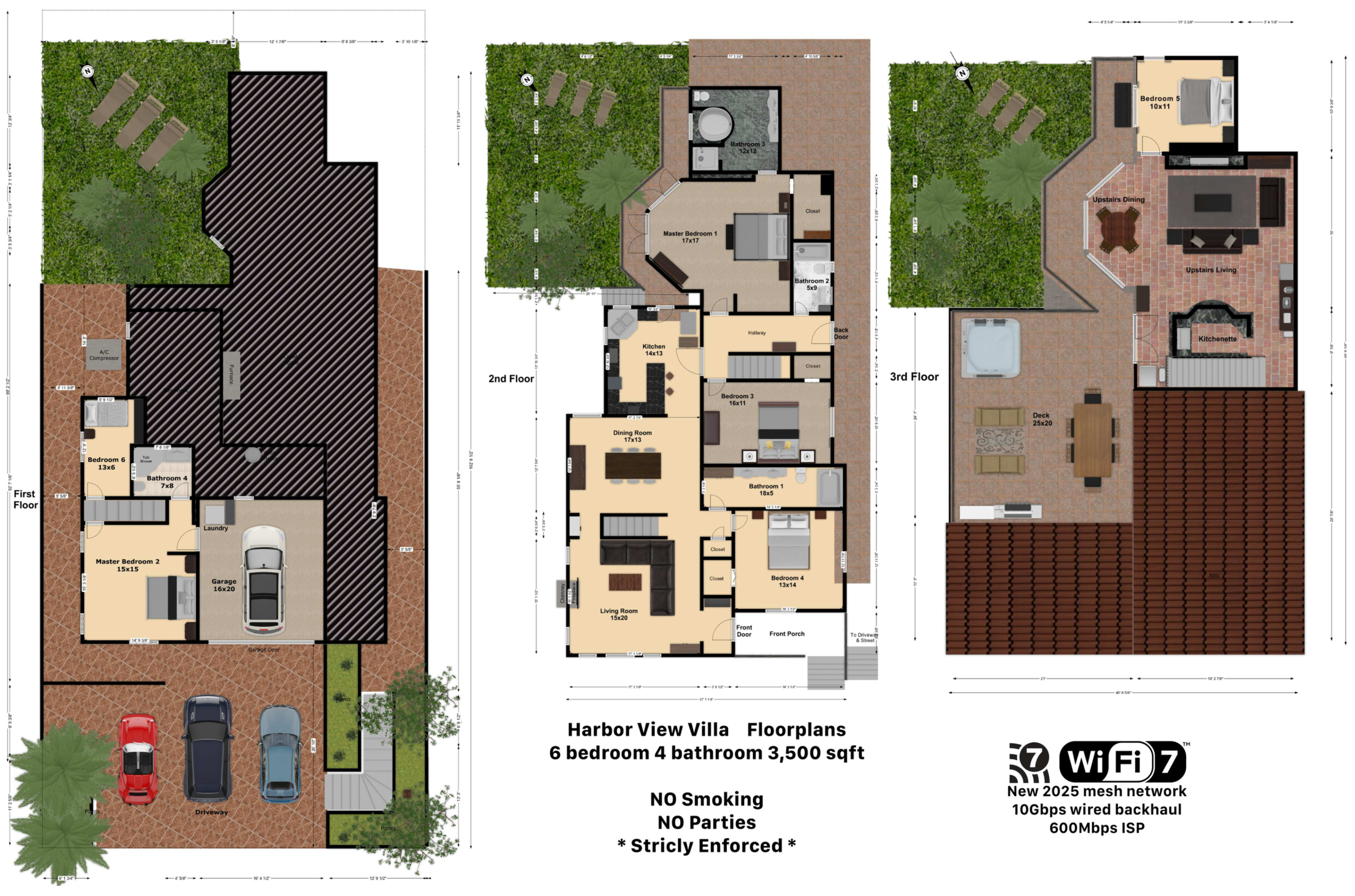 The image shows a layout of a three-story villa with six bedrooms and four bathrooms, totaling 3,500 square feet.