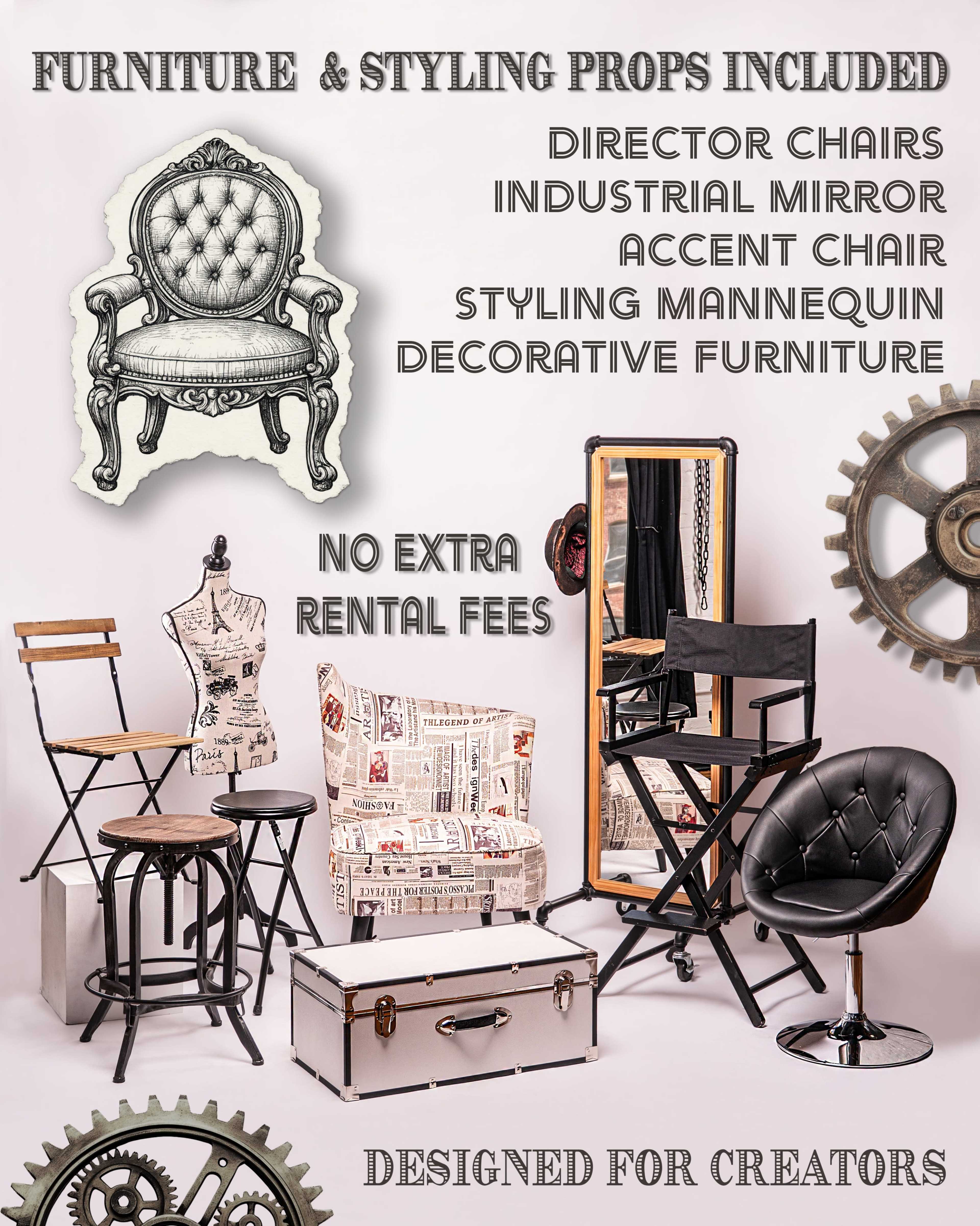 The image features a variety of furniture and styling props, including chairs, a mirror, a mannequin, and decorative items, set against a light-colored backdrop.