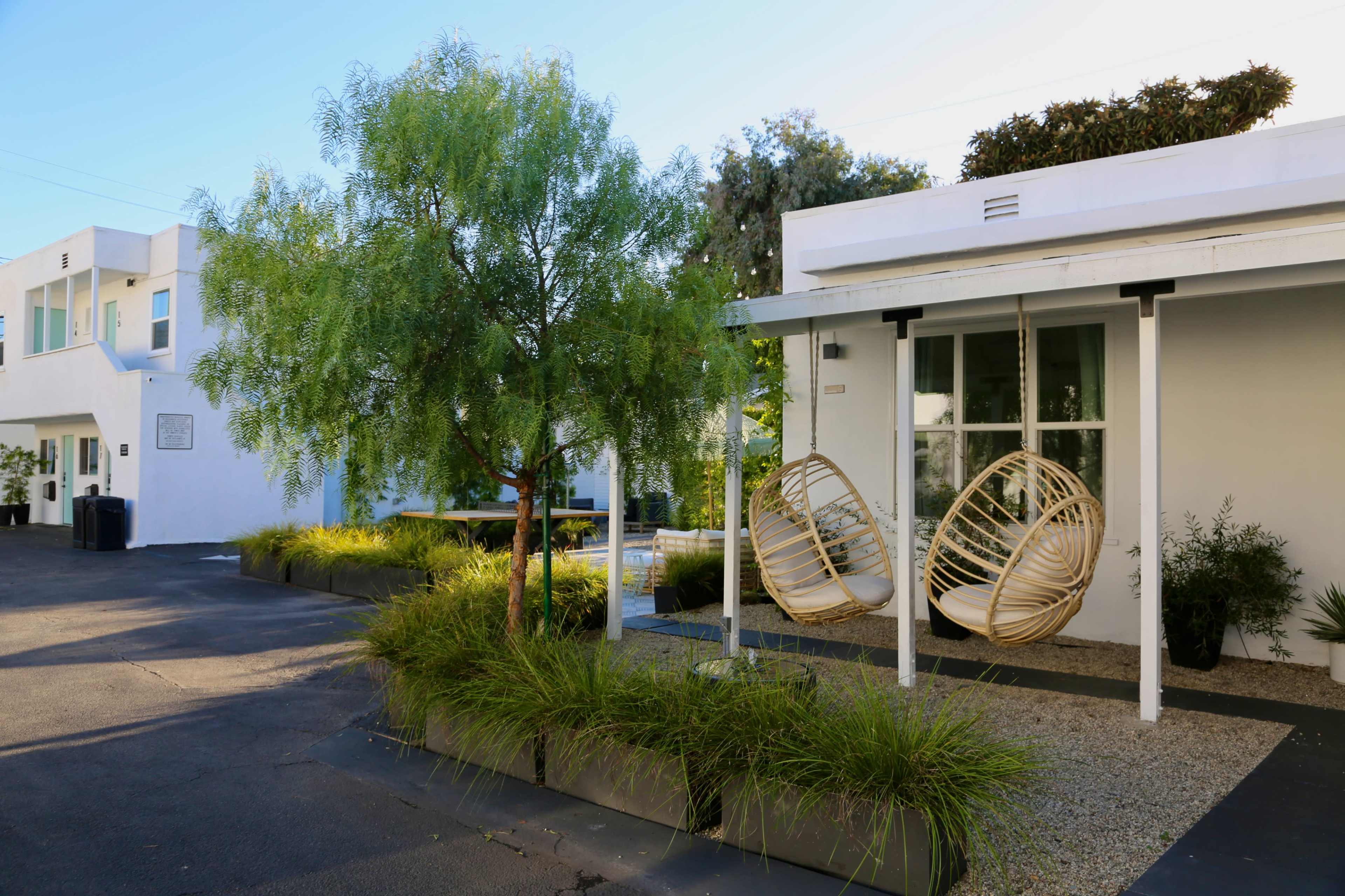 The image shows a modern building courtyard featuring two hanging chairs, a small tree, and landscaped greenery.