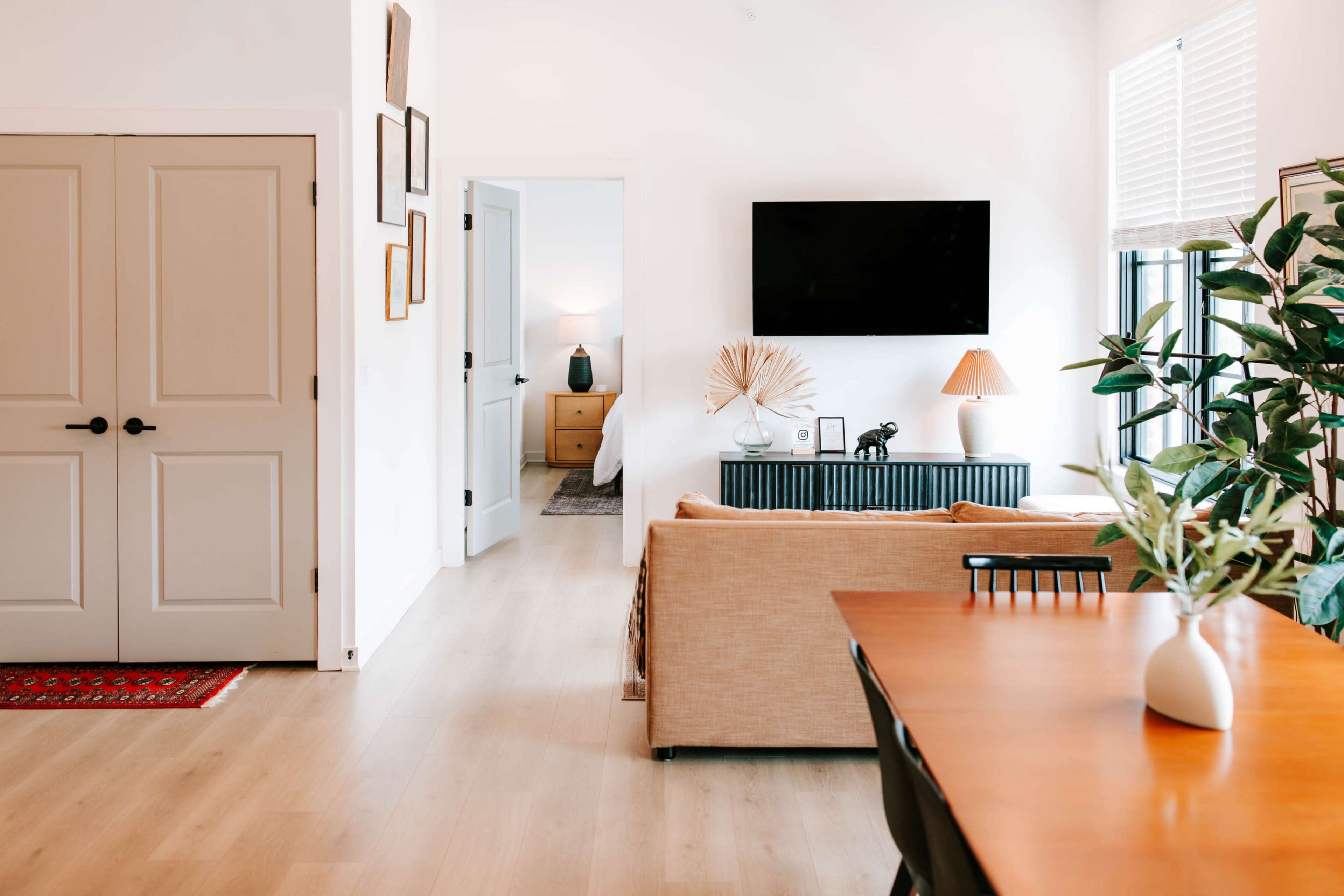 The image shows a modern living space with a sofa, a television mounted on the wall, and a dining area featuring a table and a plant.