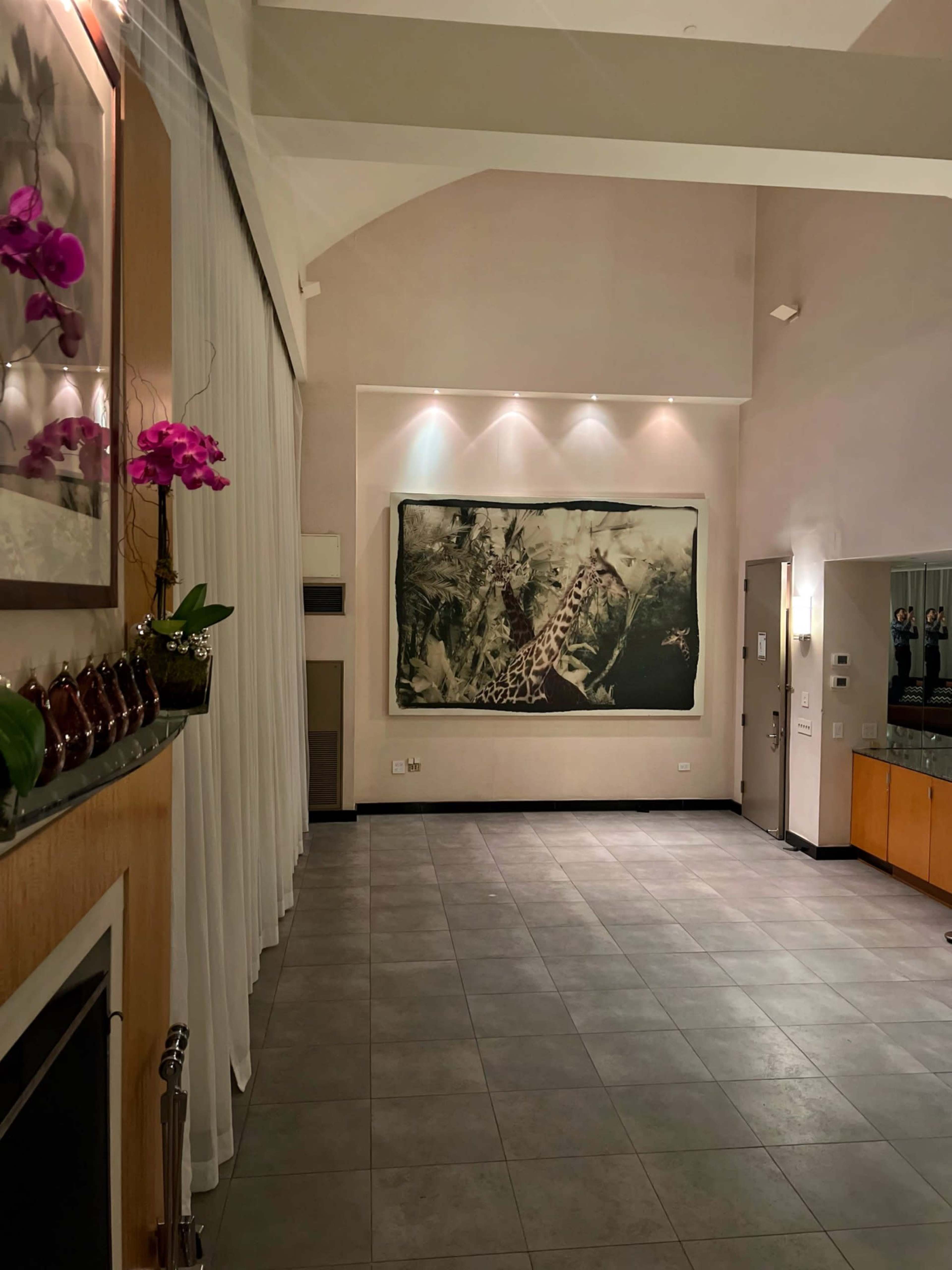 The image shows a spacious room with high ceilings, featuring a large artwork on the wall and a few decorative elements, including purple orchids and a modern countertop.