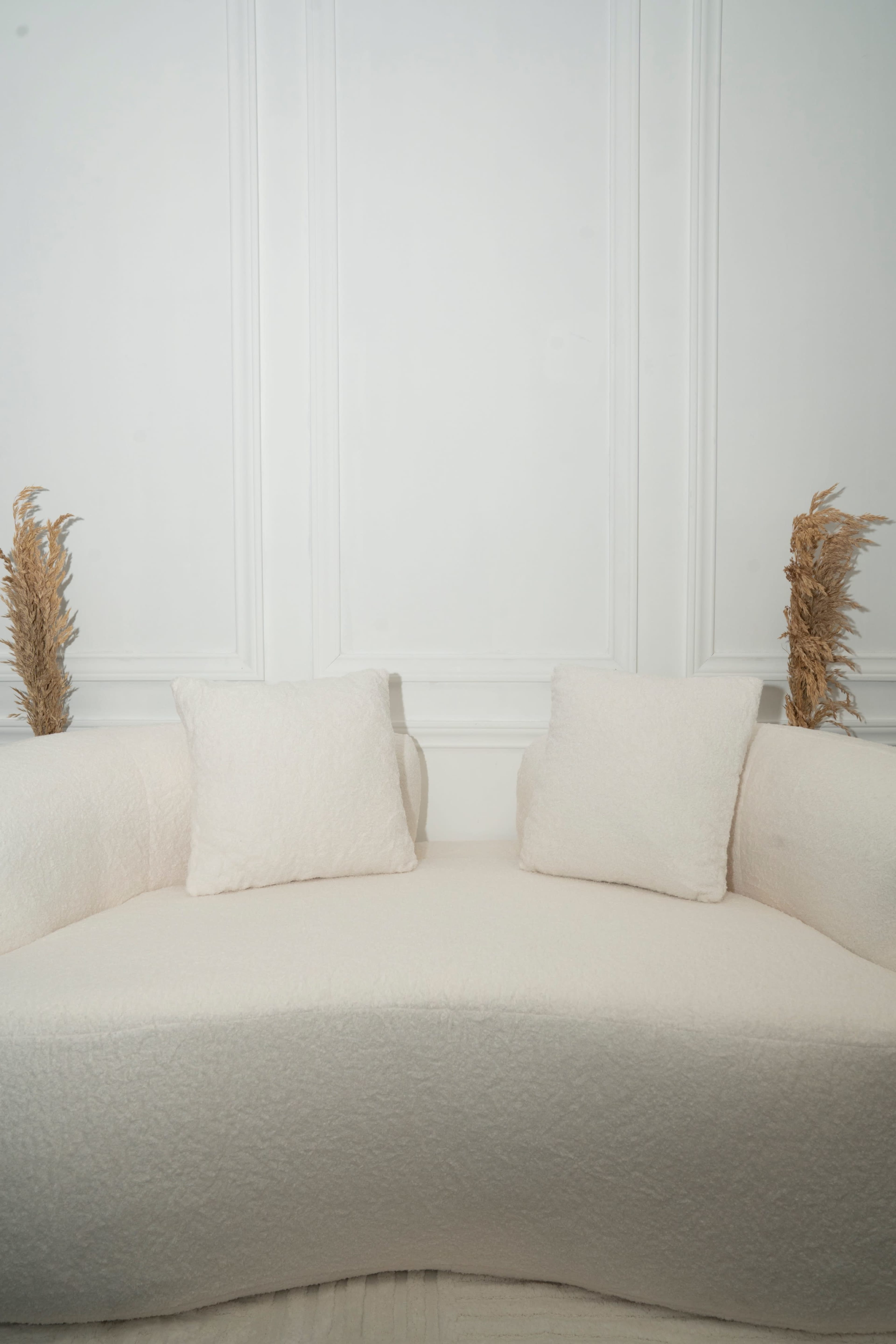 A curved, light-colored sofa with two matching cushions is placed against a white wall, with decorative dried grass arrangements on either side.