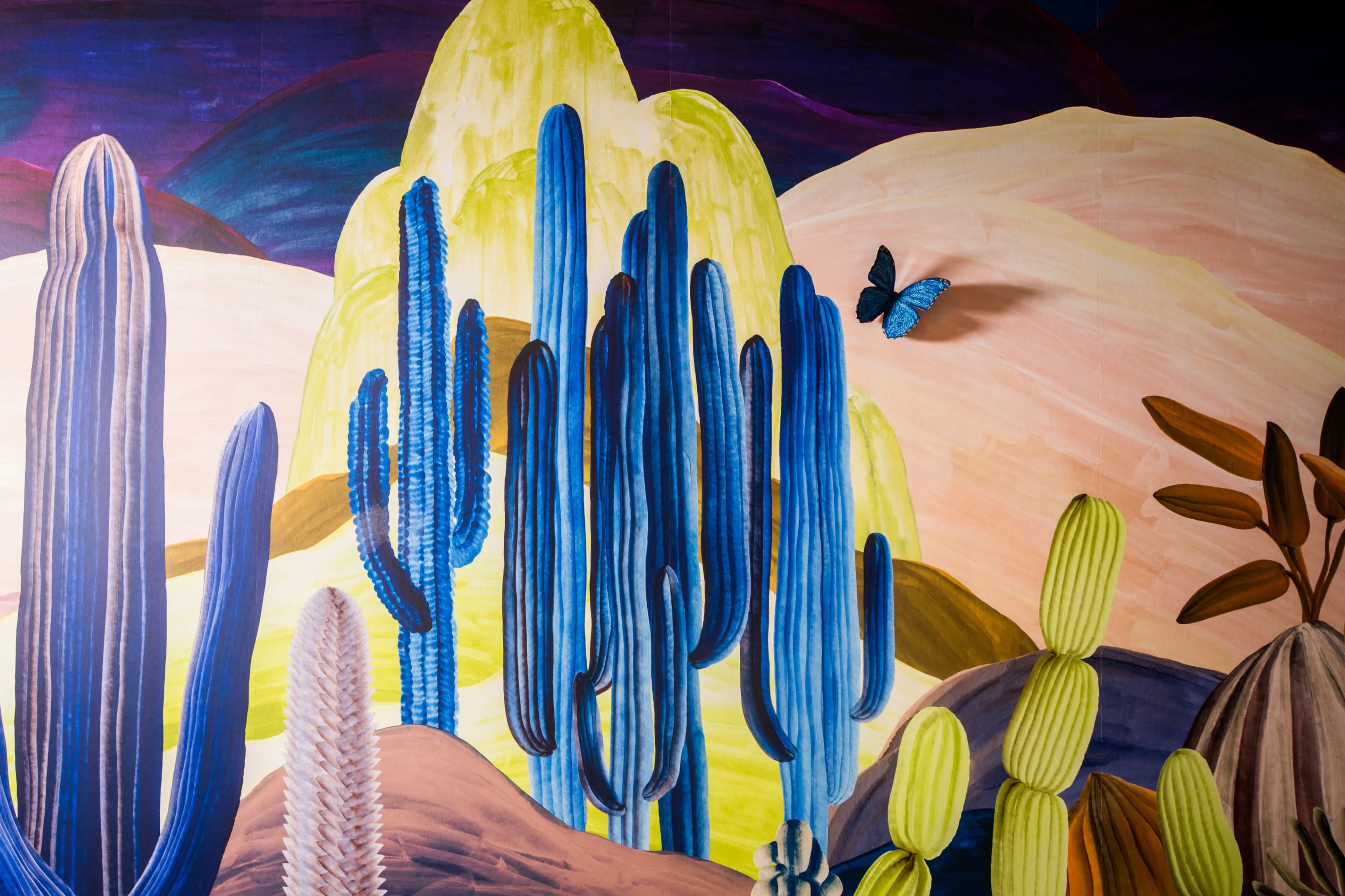 The image features a colorful mural depicting cacti and a butterfly against a vibrant desert landscape.