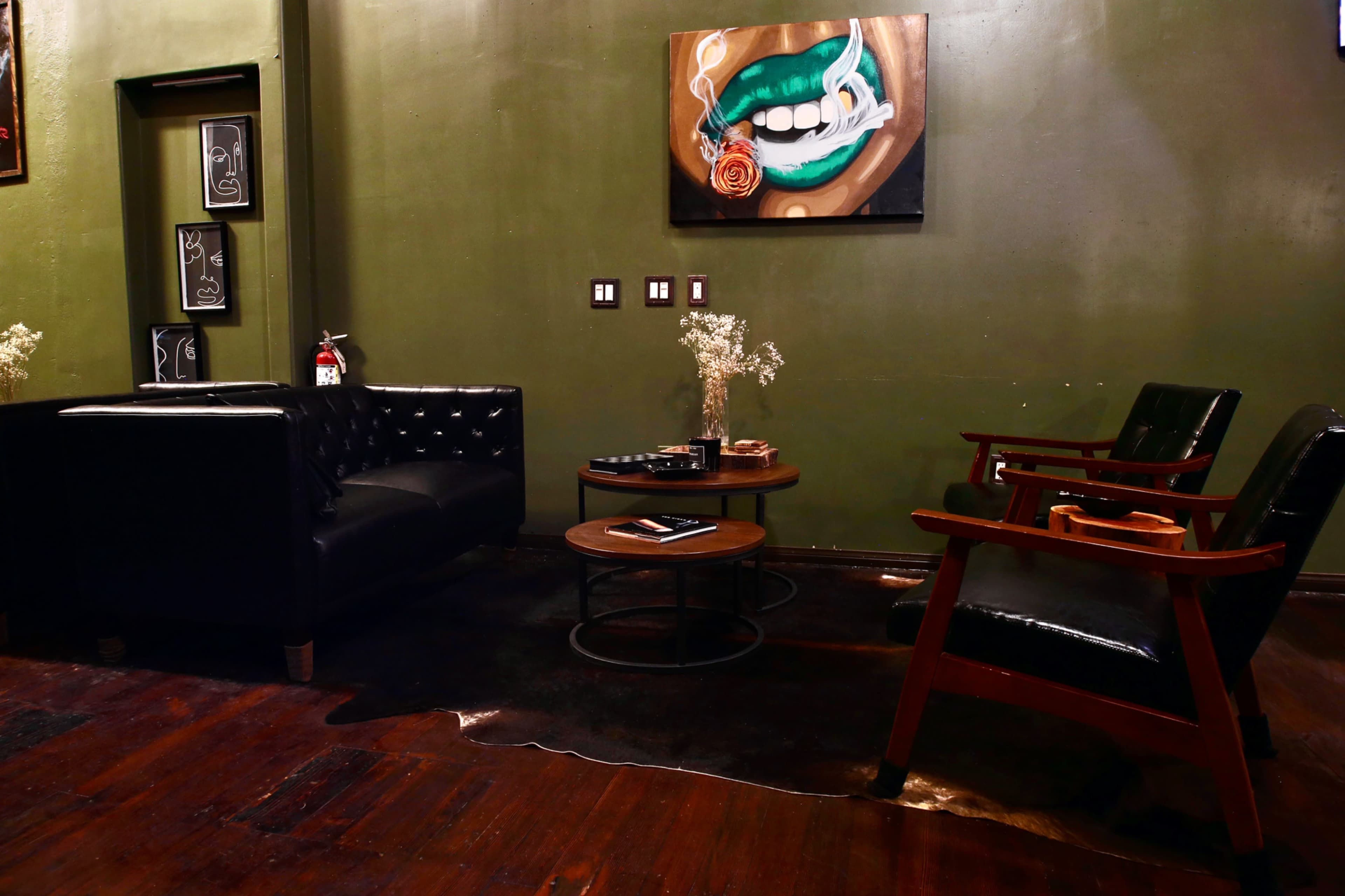 The image shows a cozy seating area featuring a black velvet couch, wooden chairs, and a coffee table, with dark green walls and a striking artwork of a mouth on display.