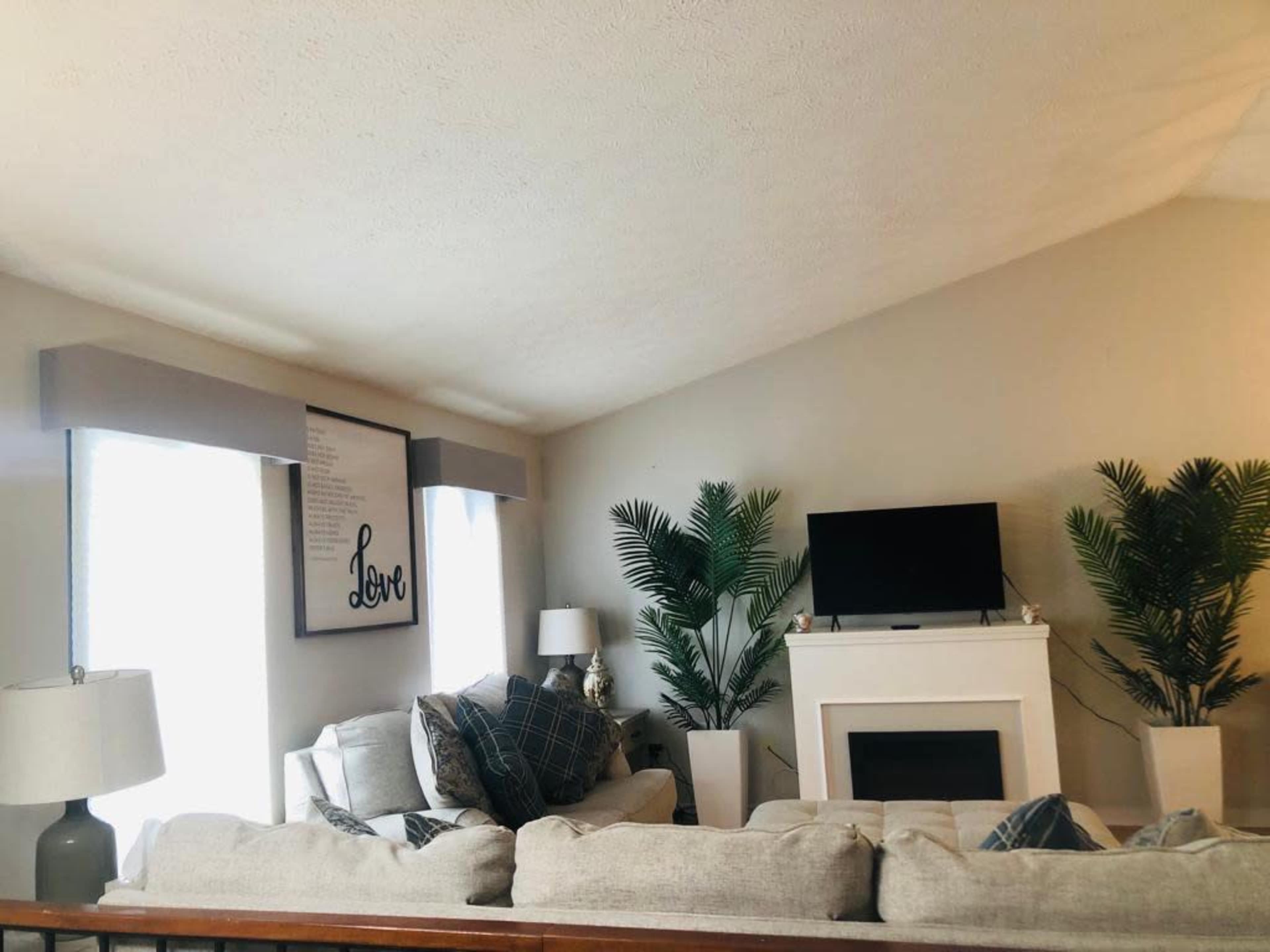 A living room with a sofa, decorative pillows, a television above a white fireplace, and two indoor plants on either side of the television.