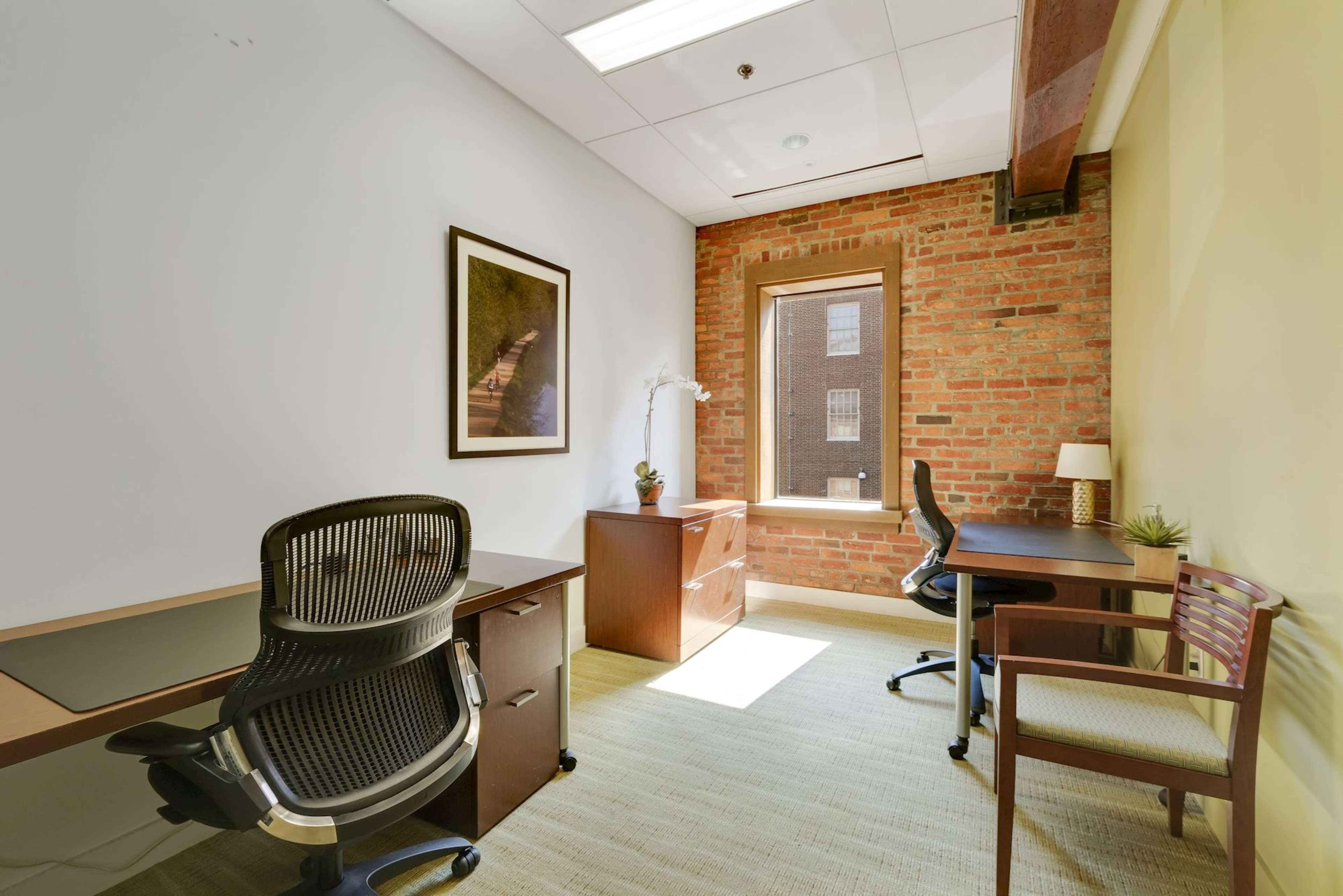 A small office space featuring two desks, chairs, a window with a view of brick buildings, and a potted plant on one desk.