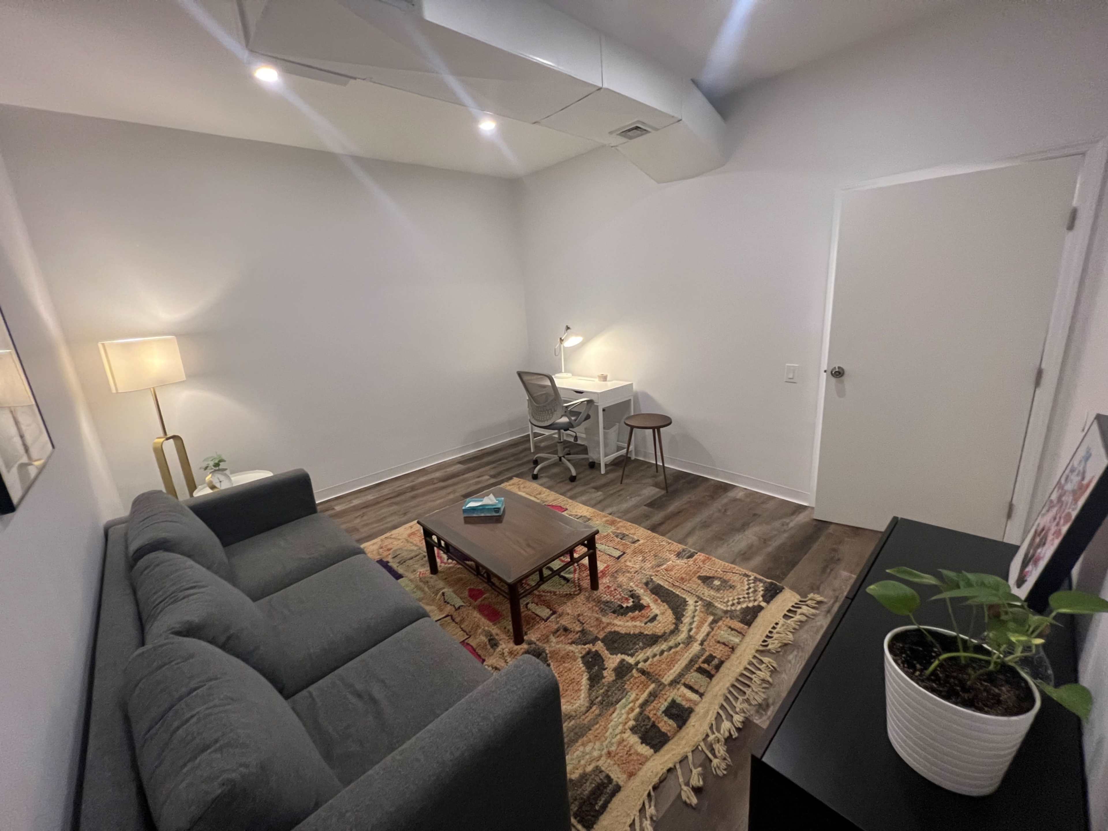 The image shows a small, modern room with a gray sofa, a wooden coffee table on a patterned rug, a desk with a chair, and a lamp in a corner.