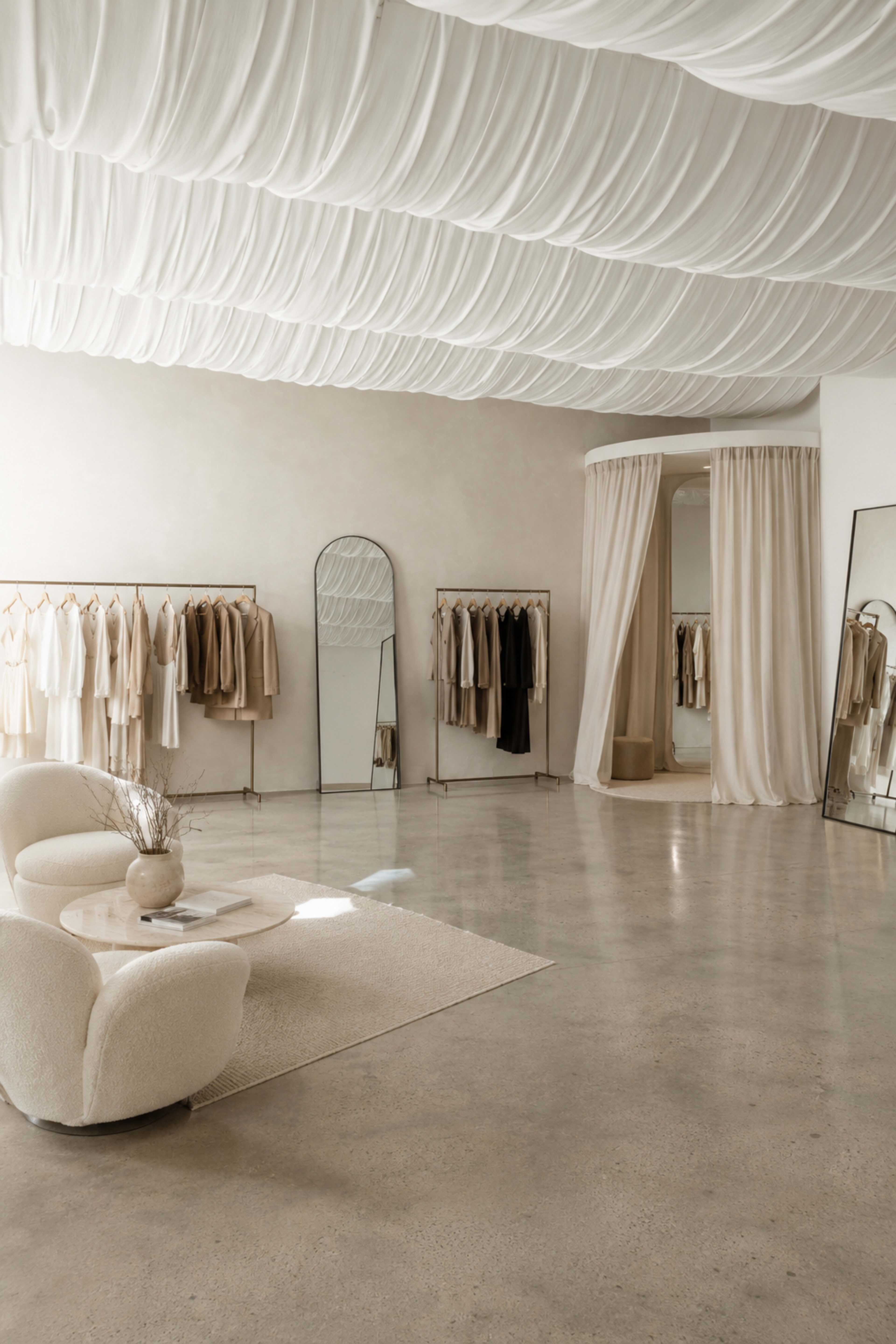 The image shows a minimalist boutique with a softly draped ceiling, clothing racks displaying beige garments, and large mirrors reflecting the space.