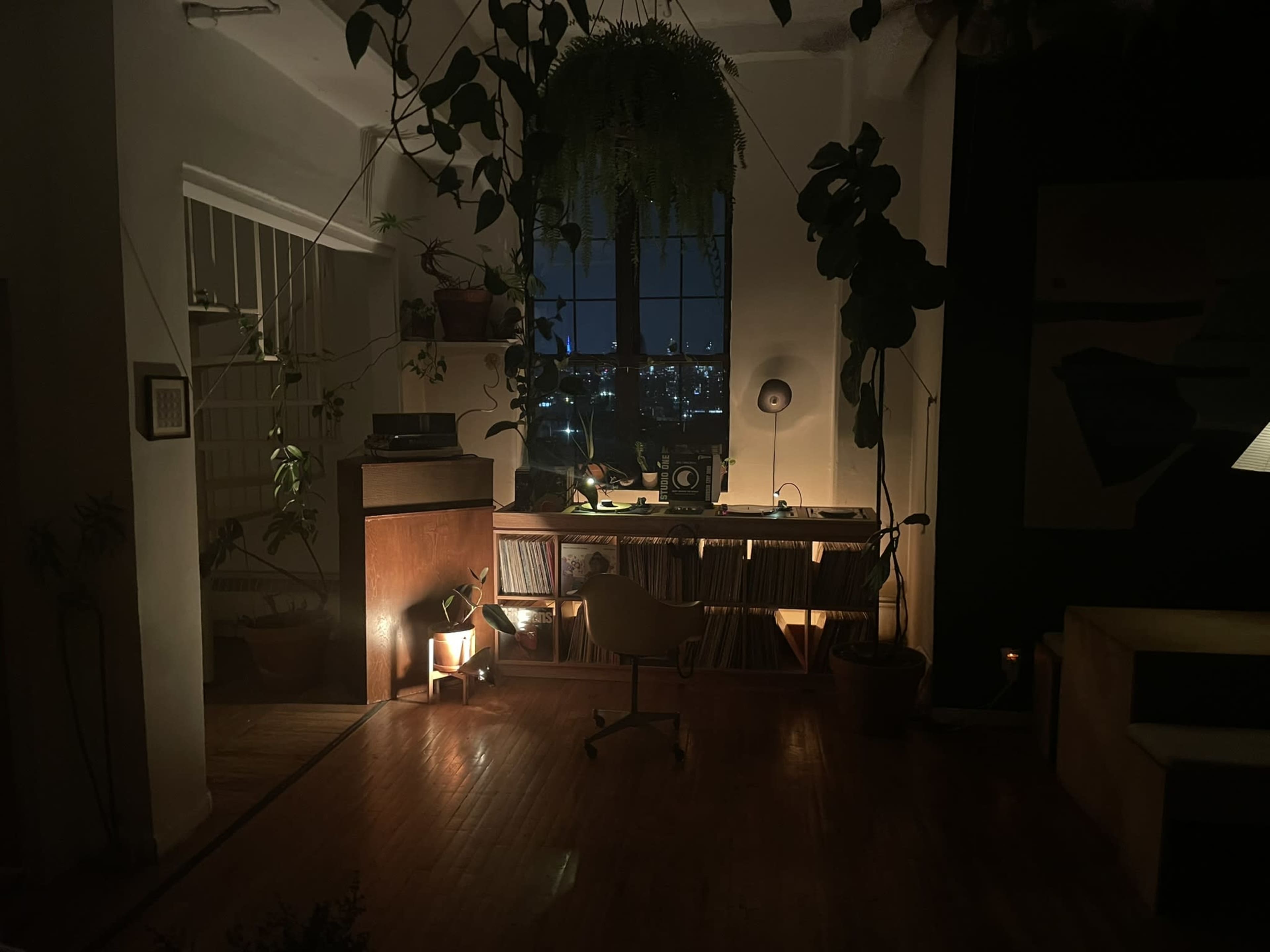 The image shows a dimly lit room with a large window, plants hanging from the ceiling, and a desk with vinyl records and a vintage turntable.